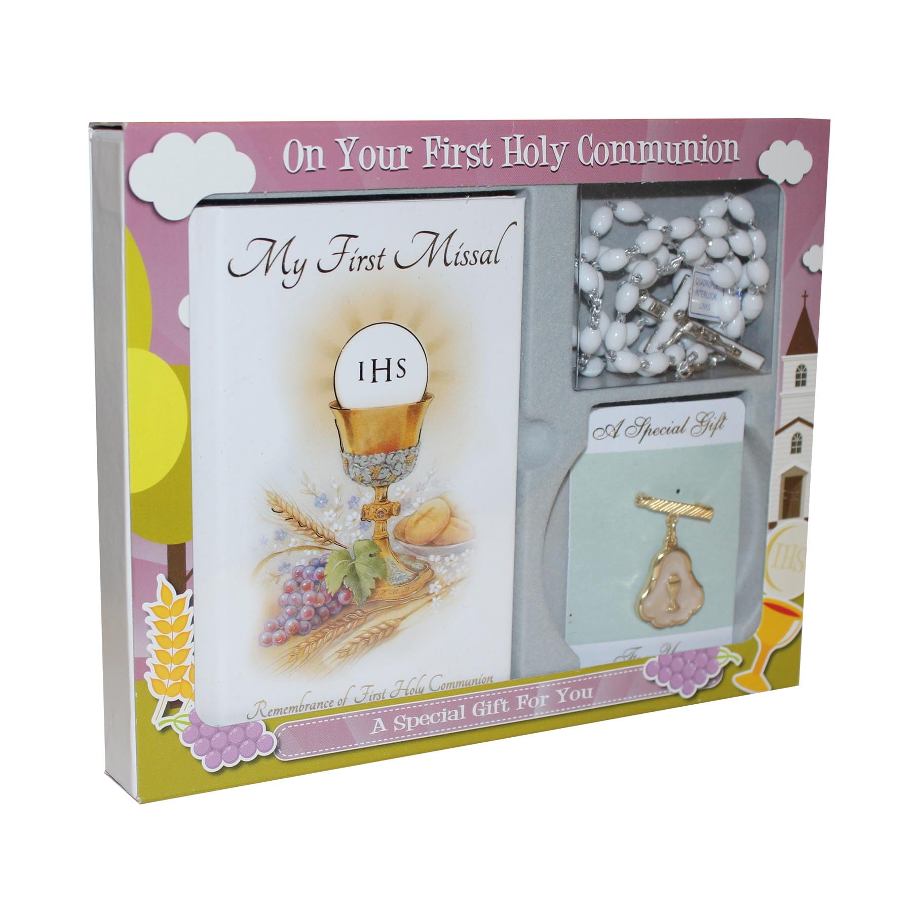 First Holy Communion 3 piece Gift Set (Missal Book, Rosary and Dove Brooch 0413)