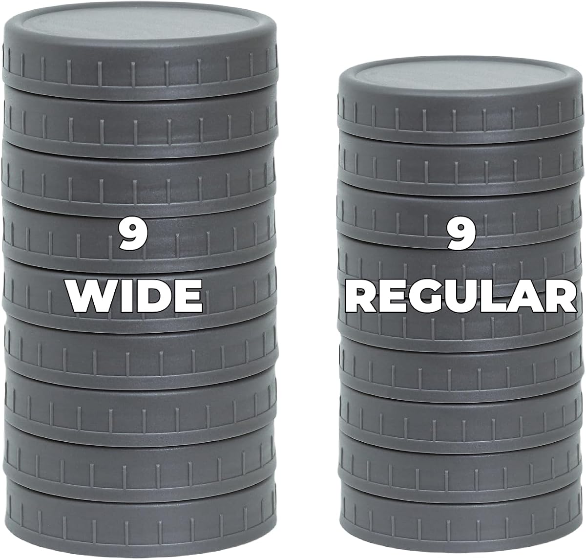 Bedgeta 18 Pack 9 Wide Mouth & 9 Regular Mouth Mason Jar Lids with Silicone Rings,Thickened Leak-proof Lids Fit Ball,Kerr and More, 86mm & 70mm Plastic(Grey)