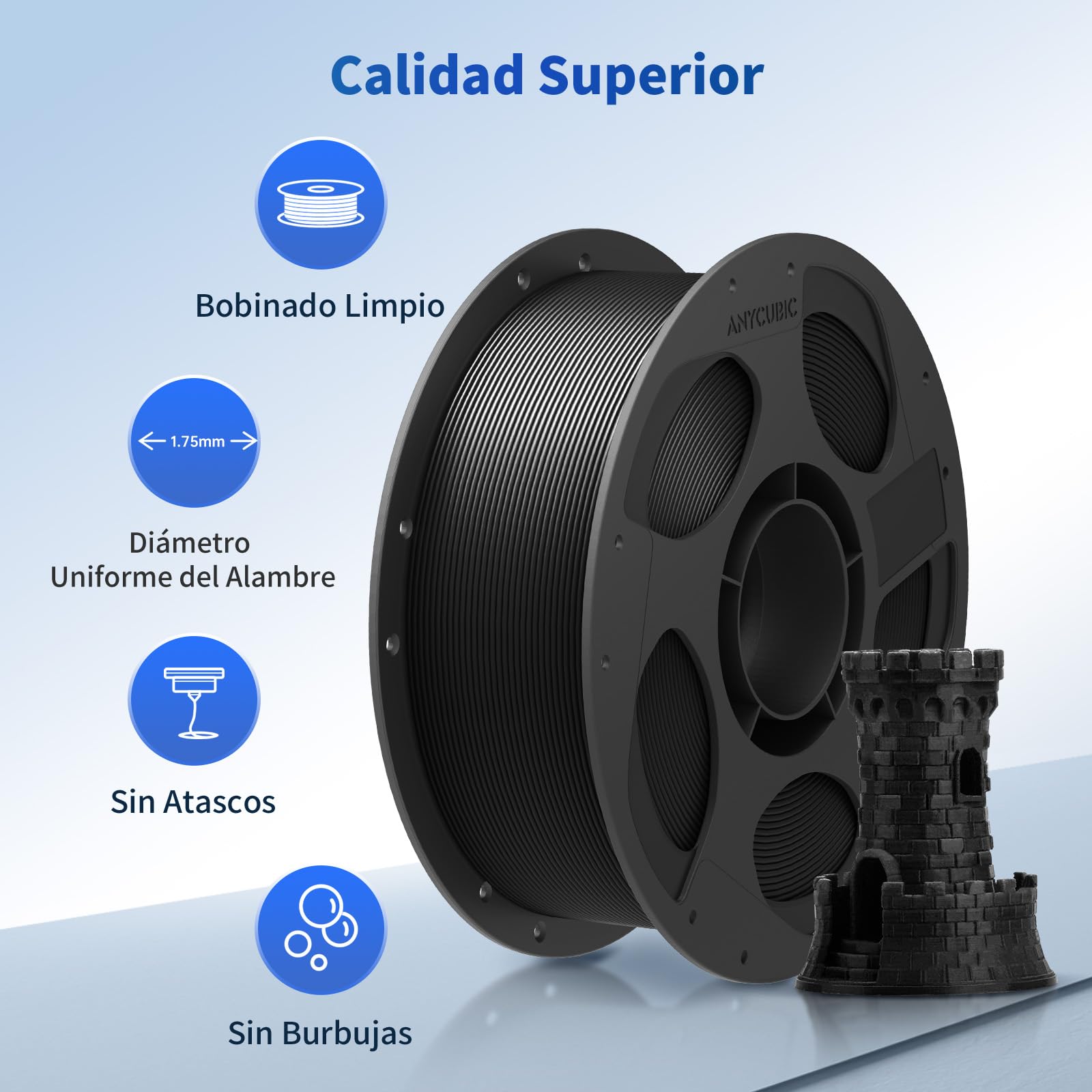 ANYCUBIC PLA Filamento de 1,75 mm, Negro, Bobina Reutilizable de PLA, Filamento para Impresoras 3D de 10 kg, Envasado al Vacío, Identificación Inteligente