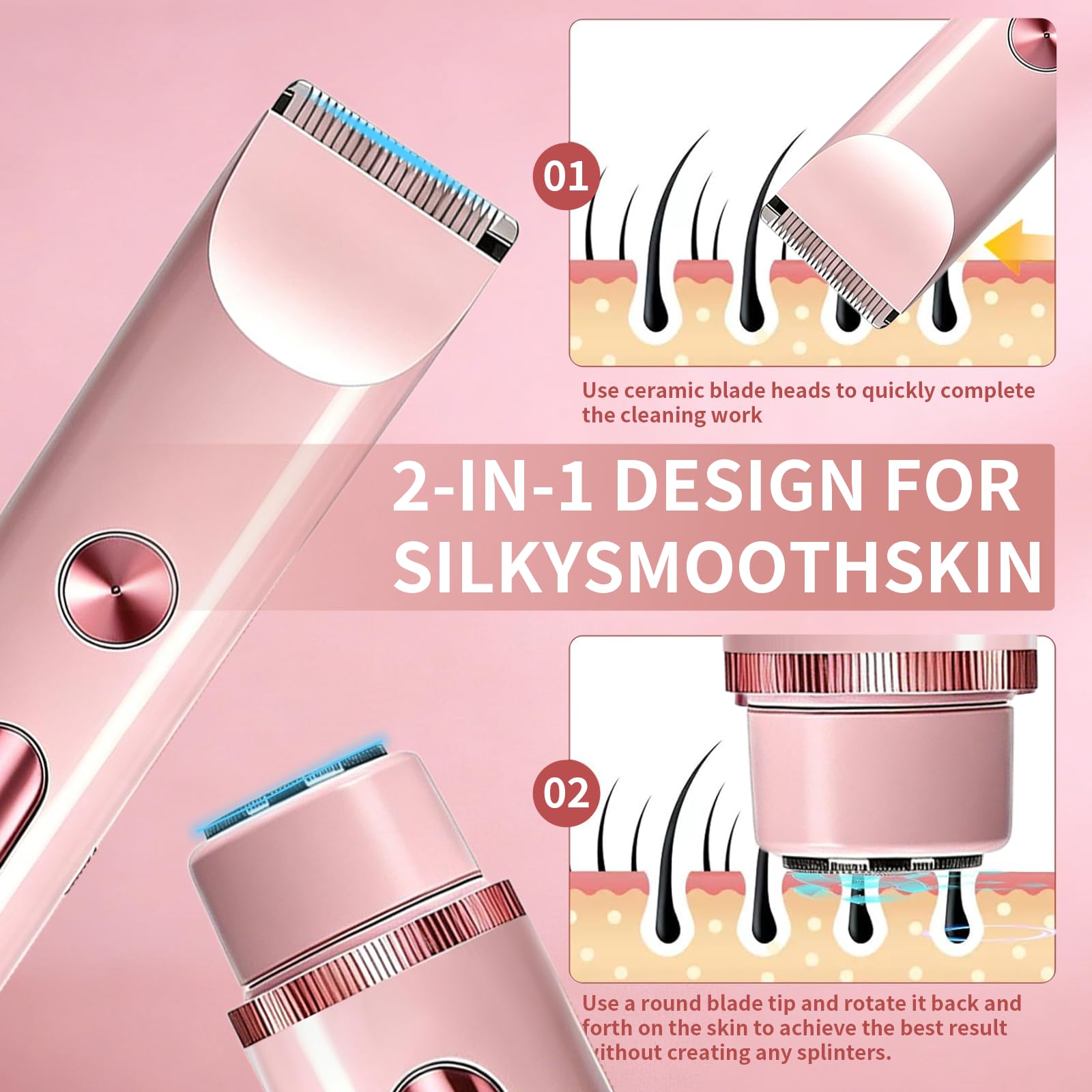 Rasoir Électrique 2 en 1 Femme - Tondeuse Intime & Visage, Étanche IPX7 Douche Humide/Sec, avec Écran LED et Lames Hypoallergéniques pour Zones Sensibles, Précise et Sans Irritation (Rose)