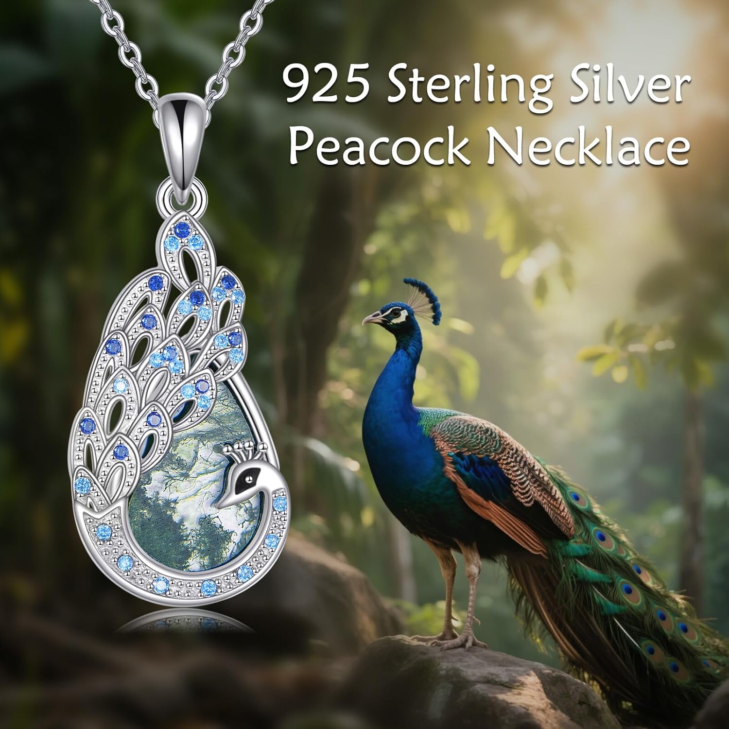 URONE Peacock Necklace 925 Sterling Silver Moss Agate Peacock Pendant Necklace Bird Feather Jewelry Gifts for Women - Image 6