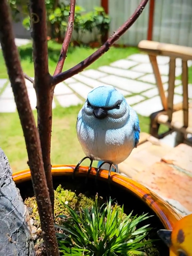 Garten-Vogelstatue Aus Kunstharz – 17 Cm Hoch, Blau-gelb, Wetterfest Für Blumentöpfe, Zaun & Balkon