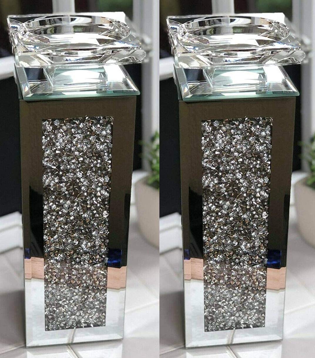Capristar Clear (Set Of 2) 25Cm Tall Pillar Diamante Mirrored Crystal Candle Holder Tea Light Holder- An Elegant Addition To Your Home- Best Gift