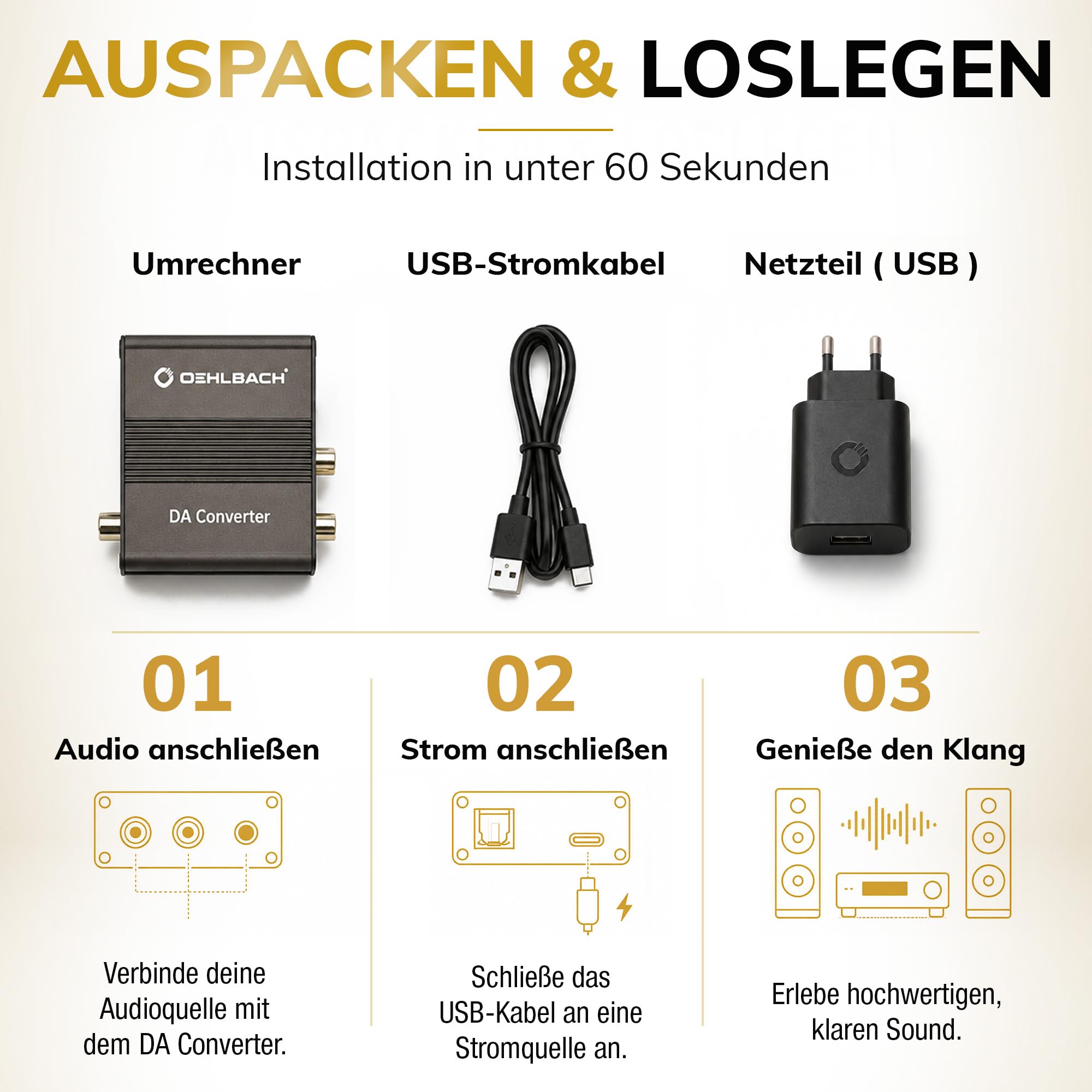 OEHLBACH Digi Bridge Convertisseur audio numérique/analogique coaxial/optique, R-L/jack, connecteur d'alimentation USB de type C, puce Cirrus Logic, marron
