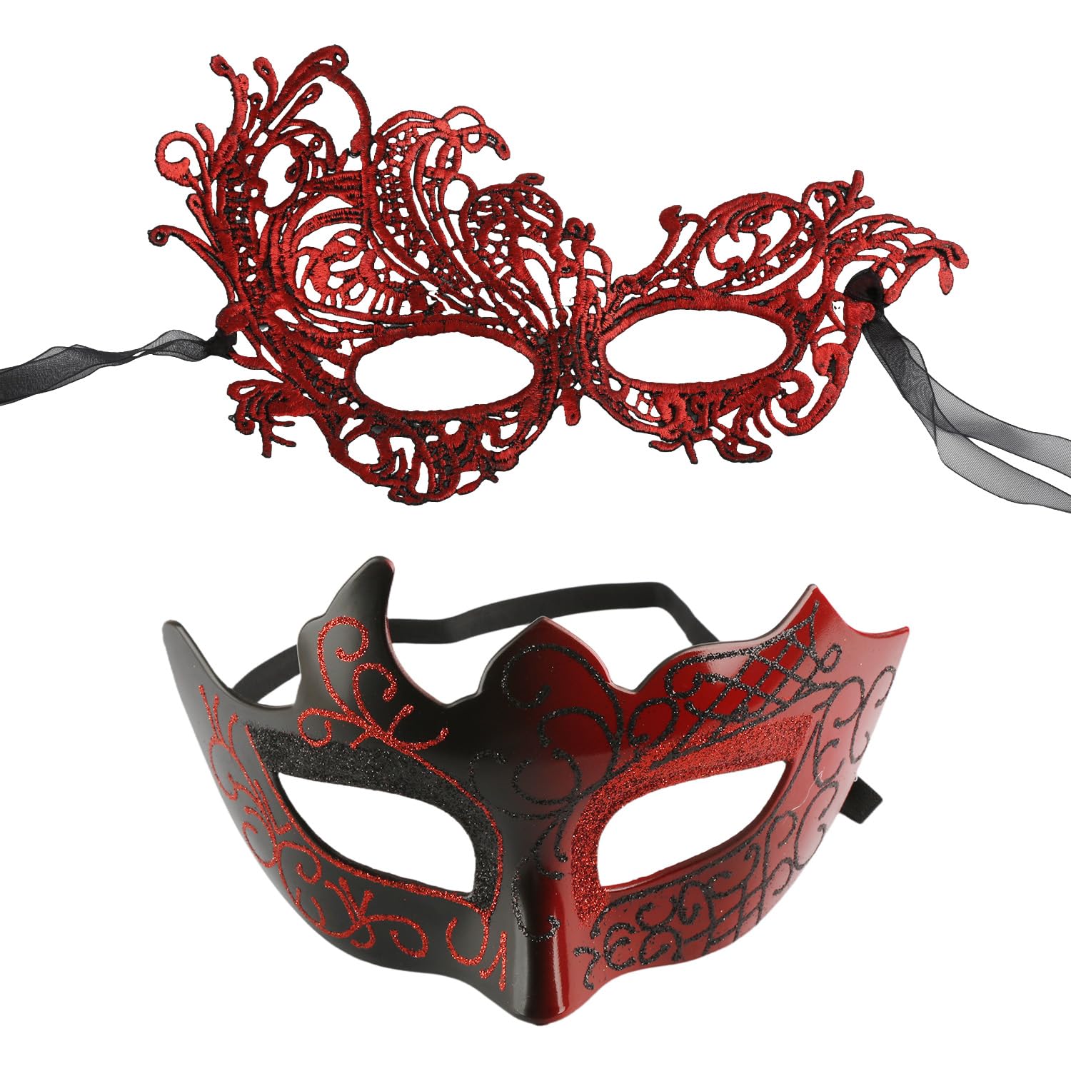 Tabanzhe 2 Pcs Couple Masquerade Mask for Men Women,LaceMasquerade Eye Mask Set,Venetian Party Masks for Halloween Carnival Party Prom Ball Mardi Gras(Red)