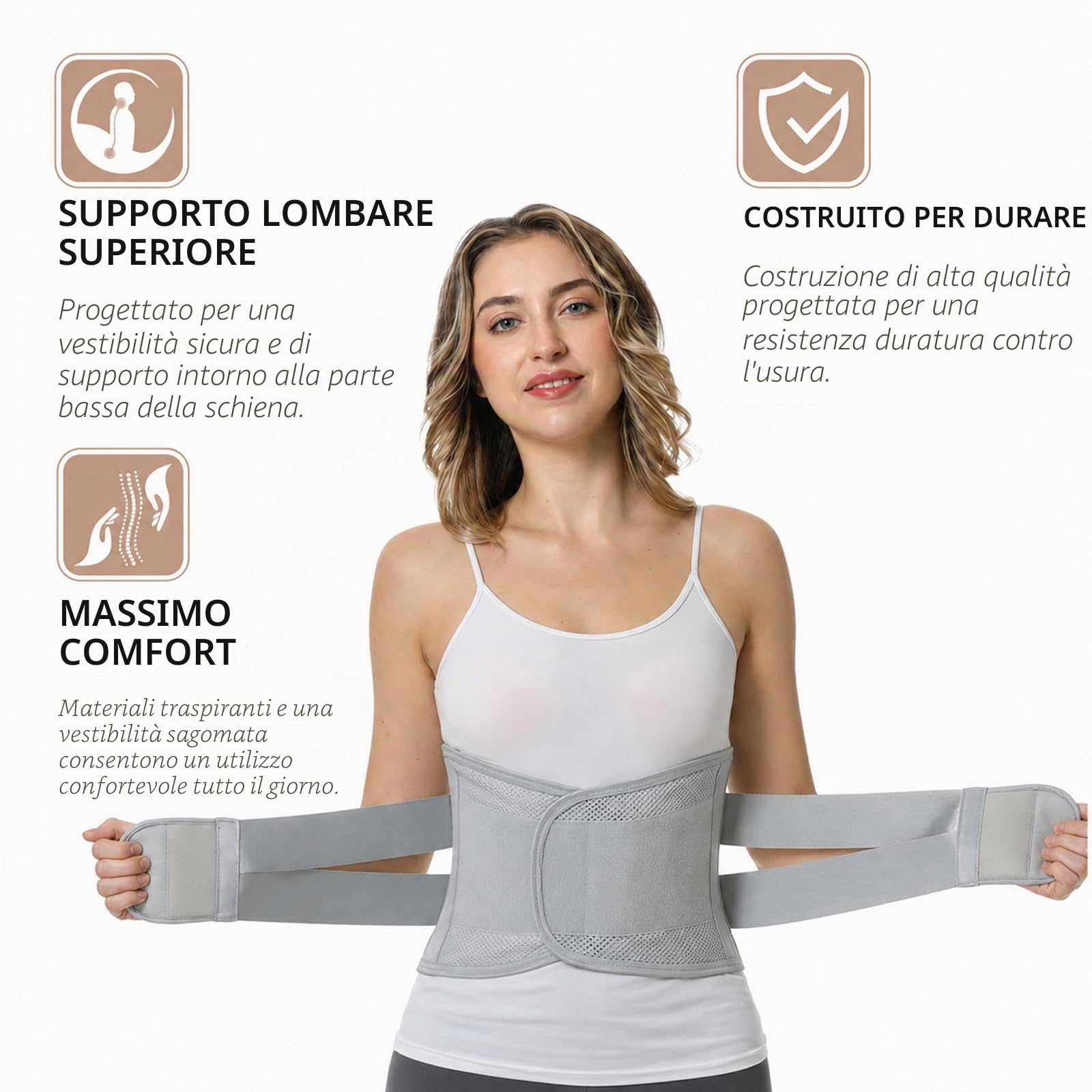 NEOtech Care - Fascia per schiena/parte bassa della schiena - Regolabile con doppio strappo - materiale traspirante e leggero - AMPIO supporto (Grigio, M)