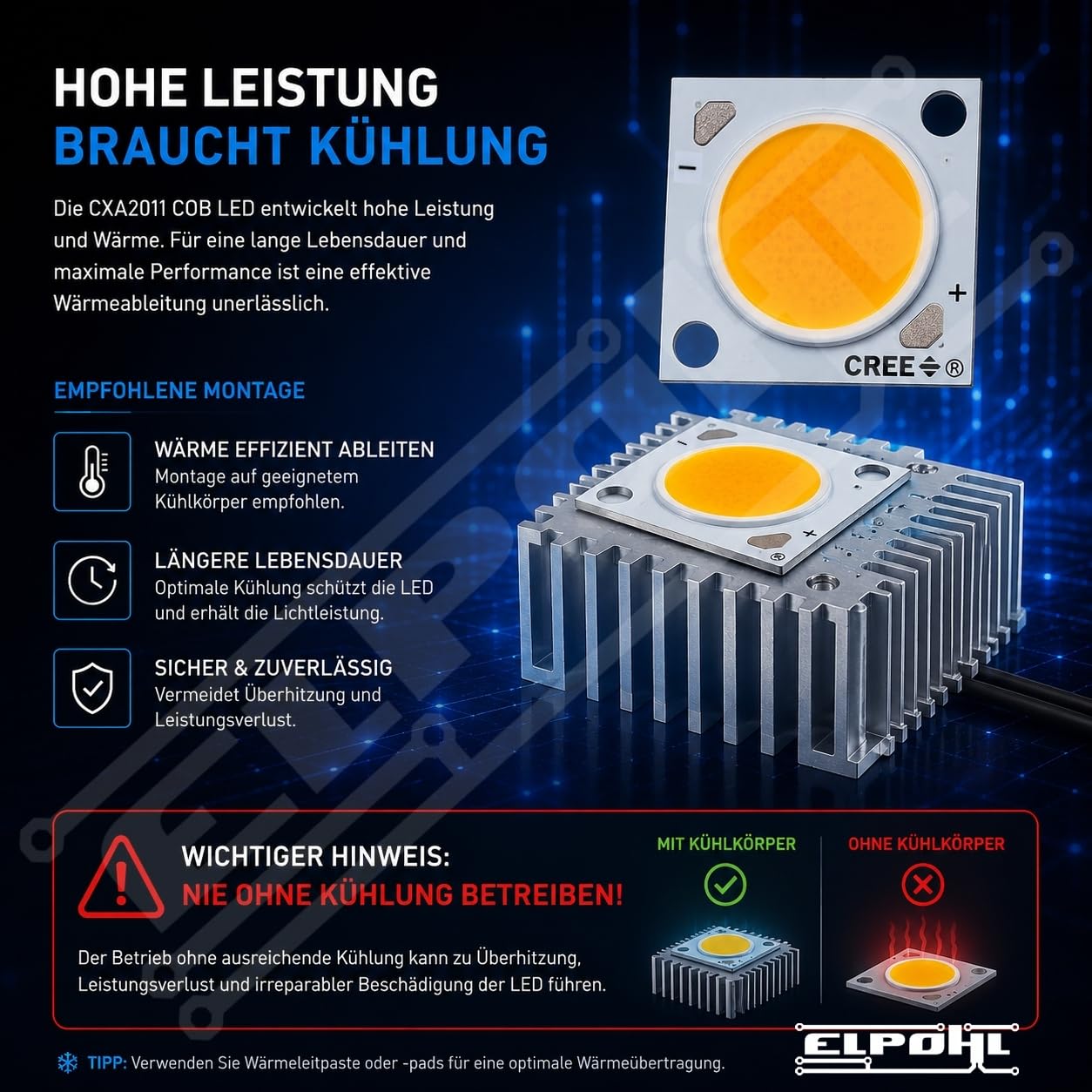 Produktbild von Elpohl CREE CXA2011 COB LED Modul 3500K Warmweiß – 900lm, 40V, 120°, Für DIY-Projekte