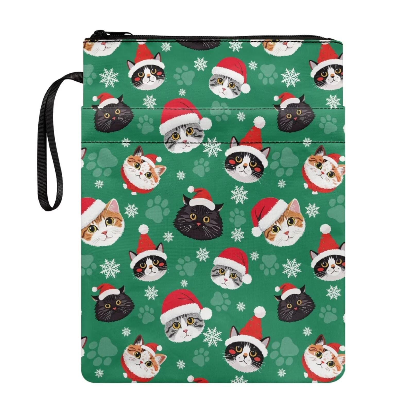 Poceacles Christmas Book Pouch Sleeve with Zipper Washable Fabric Book Covers for Paperbacks Hardcover Notebook Bible Journal Textbooks, Christmas Hat Cat Snowflake Paw Print Green — image 1