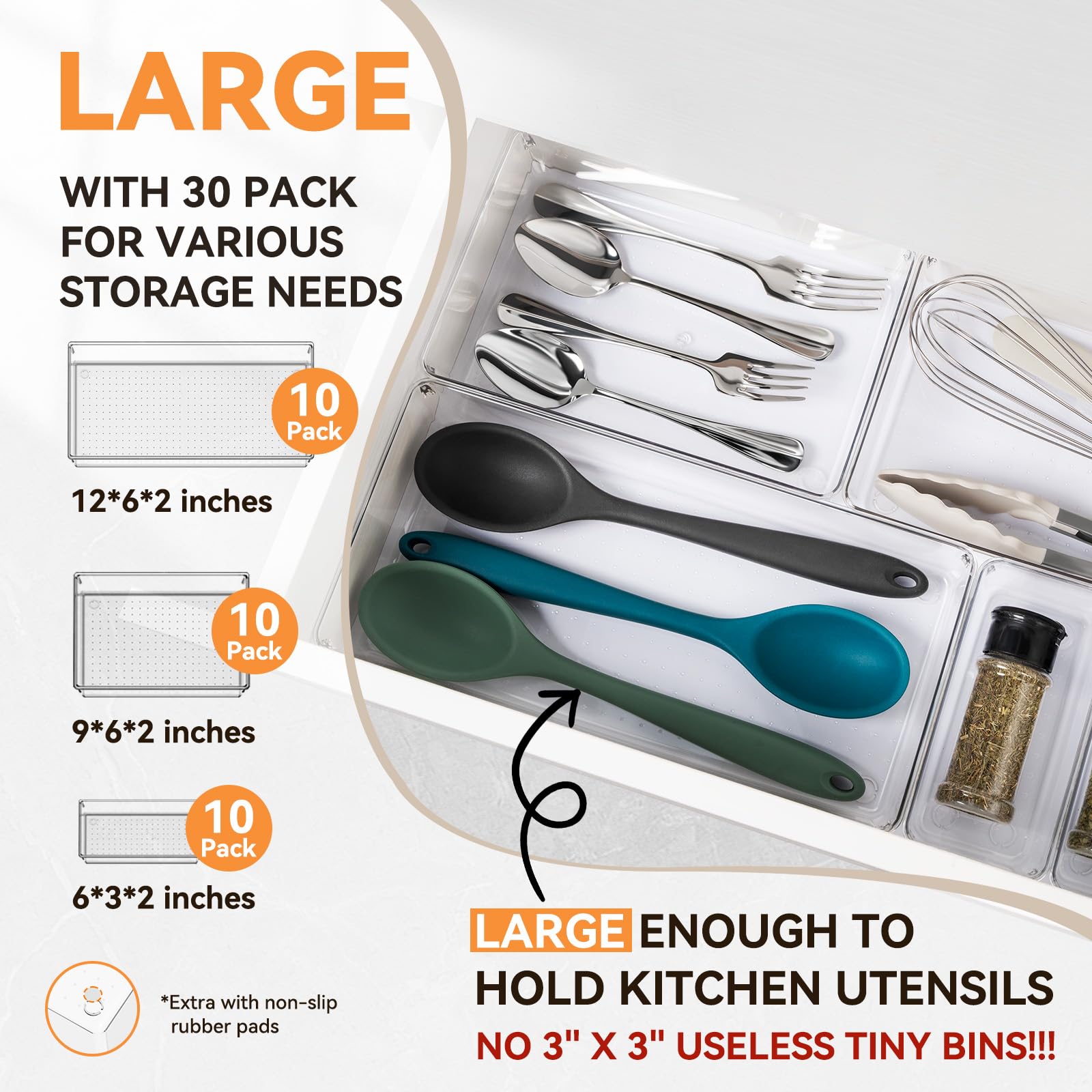 Criusia Confezione da 30 grandi contenitori organizer per cassetti in plastica trasparente, divisori in acrilico per organizzare e riporre utensili da cucina, gadget, ufficio, bagno e accessori per