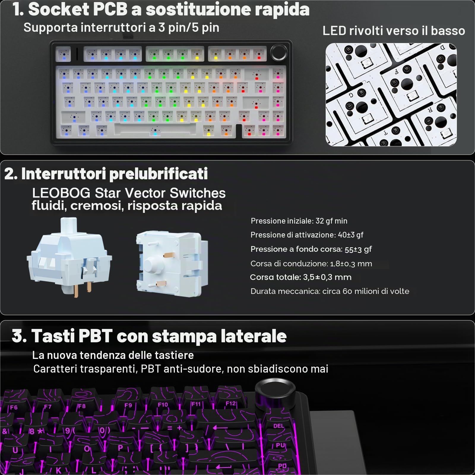 AULA Tastiera meccanica wireless F75 Pro con manopola, tastiere da gioco personalizzate sostituibili a caldo al 75%, retroilluminazione RGB, interruttori pre-lubrificati, tasti in PBT stampati