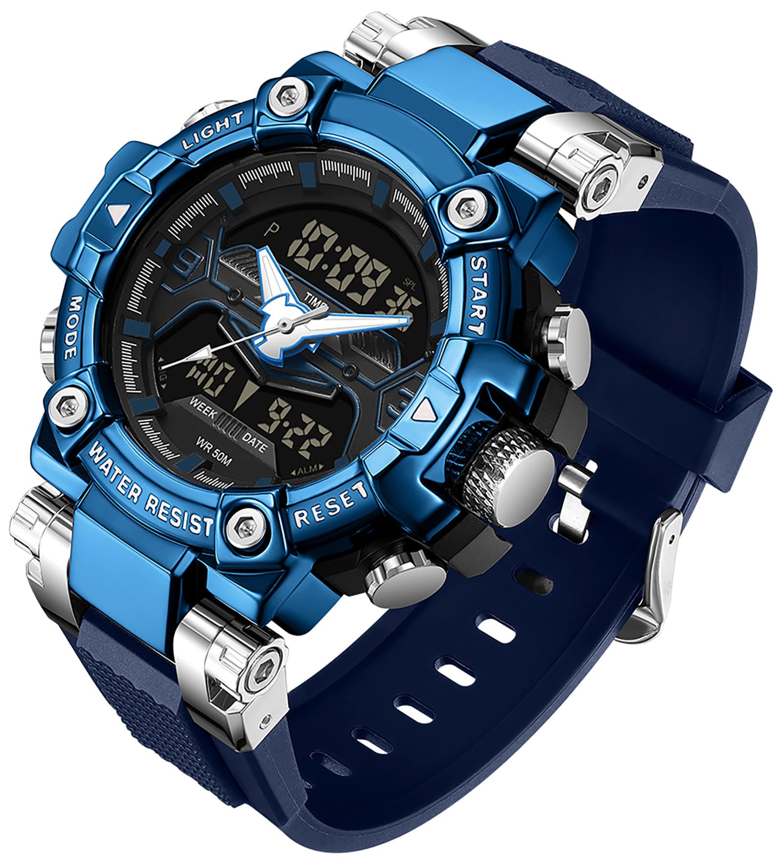 findtime Orologio da polso digitale da uomo, analogico, doppio display, nero, resistente agli urti, sportivo, con cronometro, illuminazione LED, allarme, data