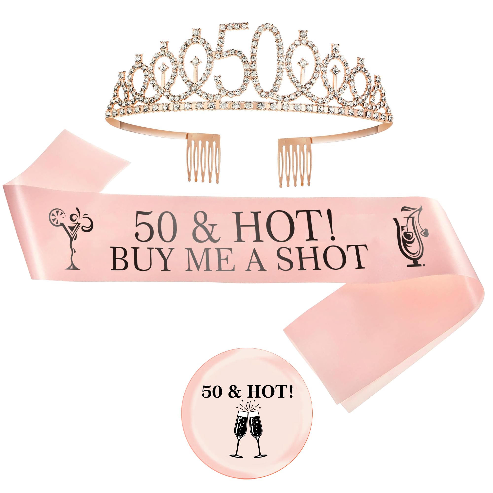 50th Birthday Decorations Tiara Women - 3 Pcs Rose Gold Buy Me A Shot Sash Badge Crystal Crown Princess Accessory for Women Happy 50 Years Old Birthday Party Celebration Gifts Decoration