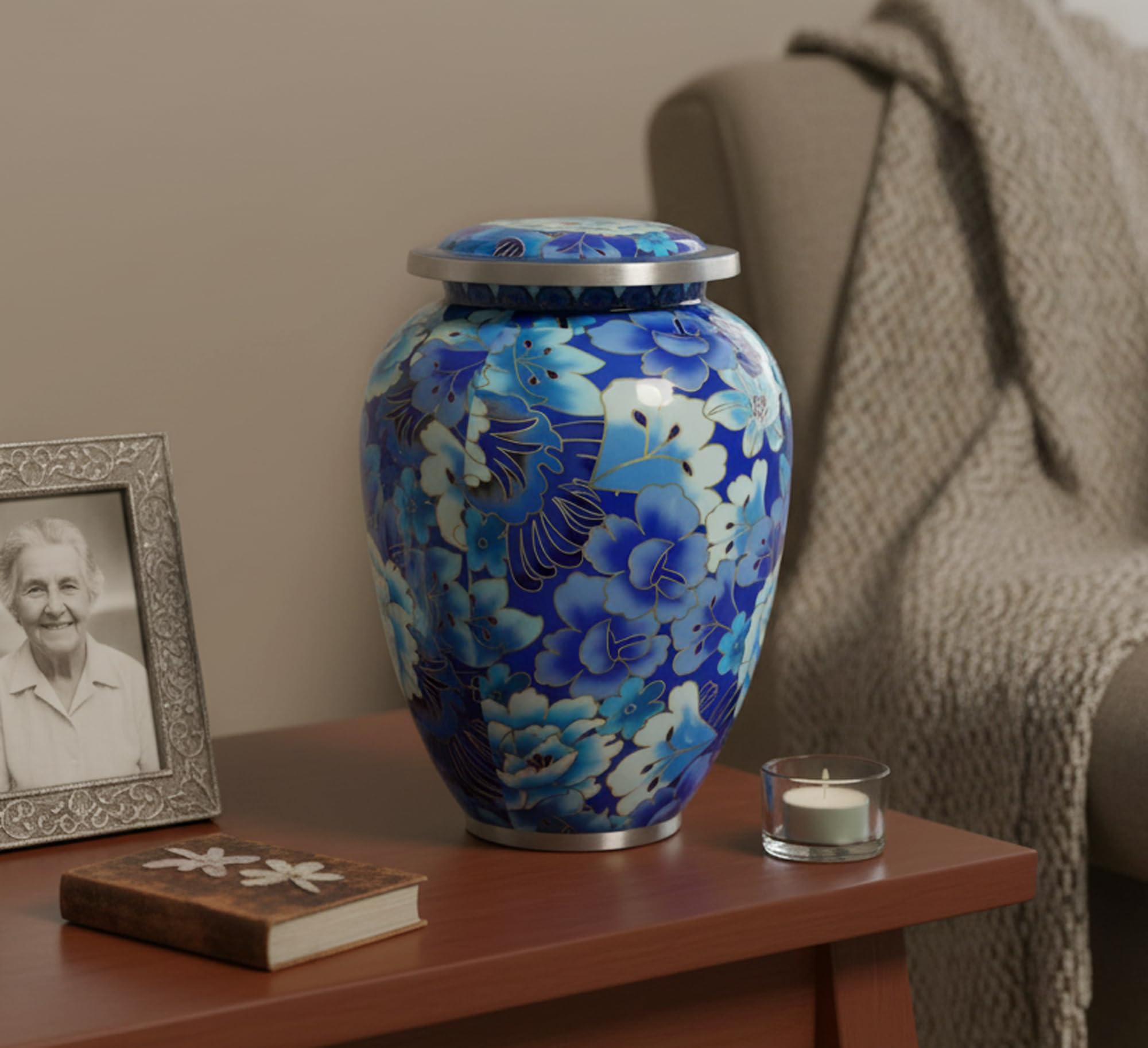 eSplanade Urna de cremación conmemorativa para cenizas humanas | Urnas funerarias de entierro | Floral azul - 10 pulgadas (tamaño completo)