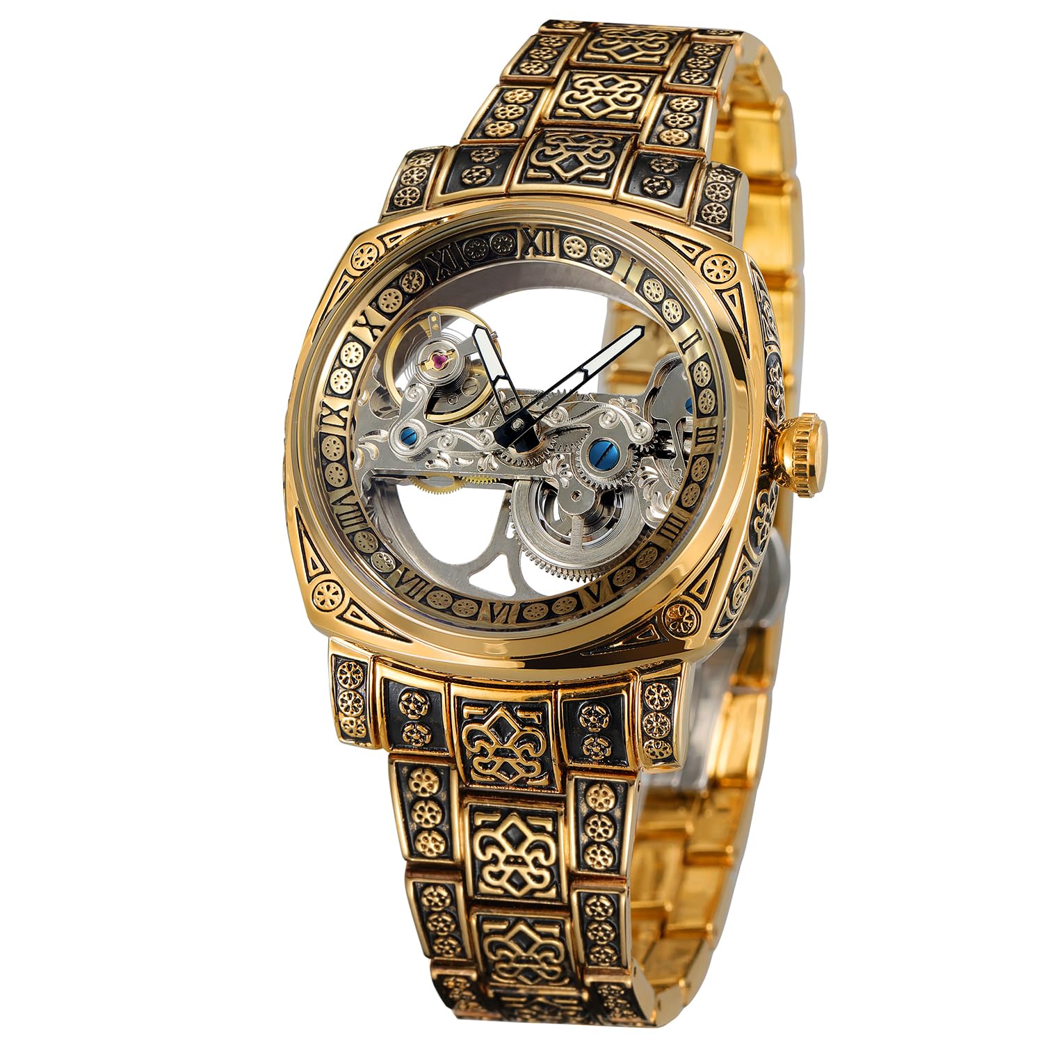 FORSINING Herren Skelettuhr Römische Zahlen Automatik Selbstaufzug Tourbillon Armbanduhr mit Edelstahlarmband