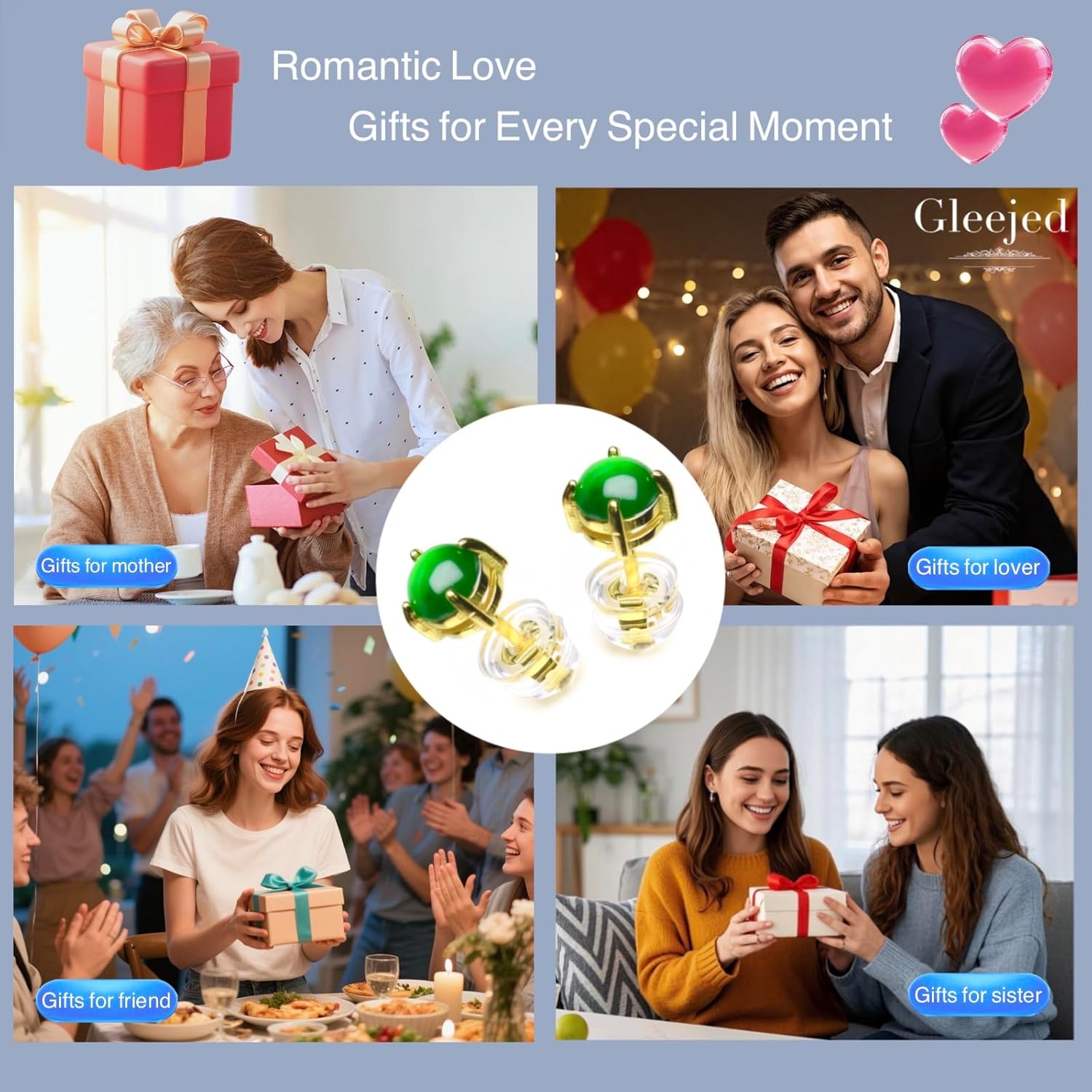 Jade Earrings for Women GENUINE 18K Gold Plated, Dainty Green Jadeite Studs S925 Silver Post Hypoallergenic Earrings Gold, Lucky Jade Jewelry for Birthday Gifts Mother's Day (2PCS GENUINE)