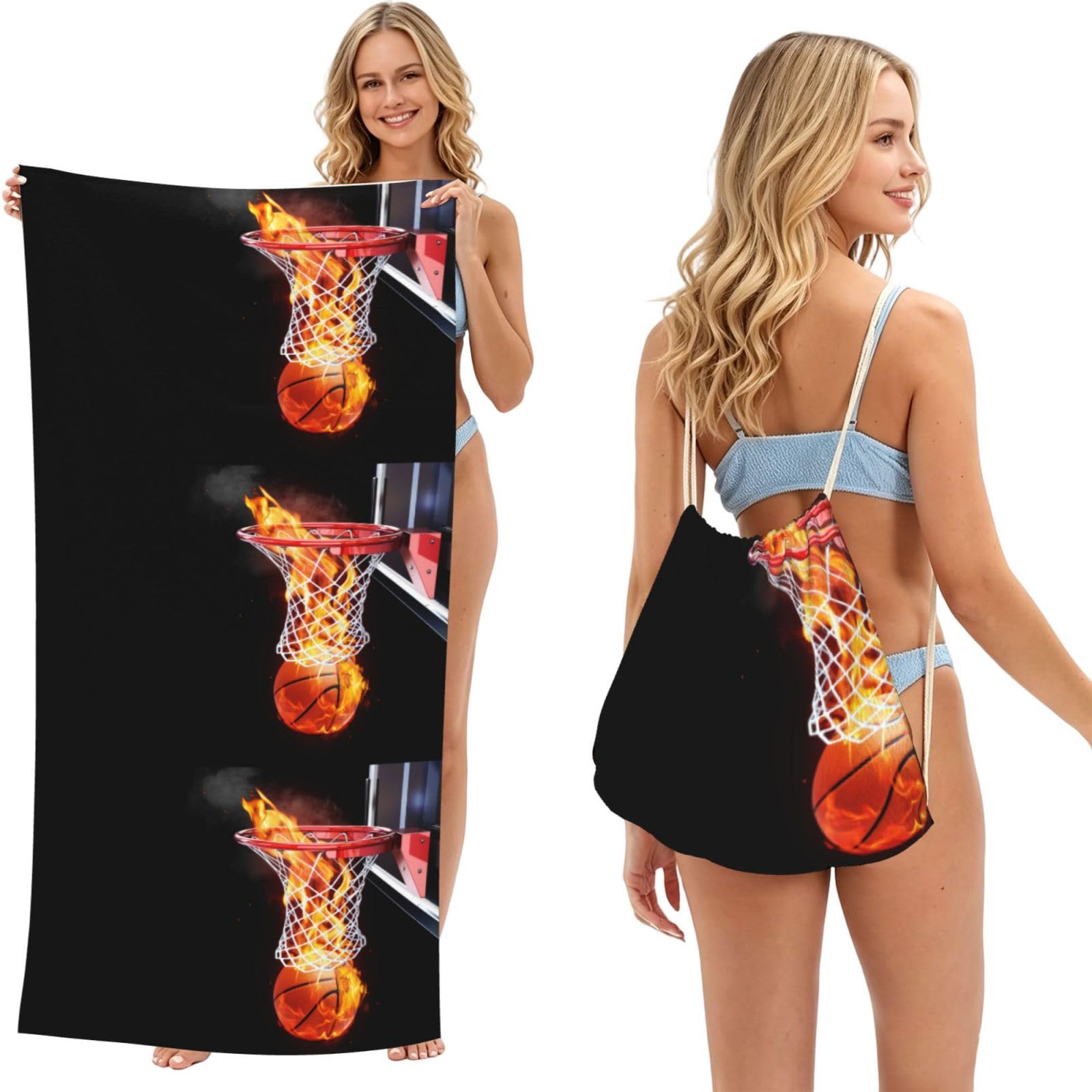 Poadnly As Picture Basketball Sports Flame Ball, 2 In 1 Packable Towel Bag, Beach Towels With Drawstring Backpack For Travel Holiday Camping