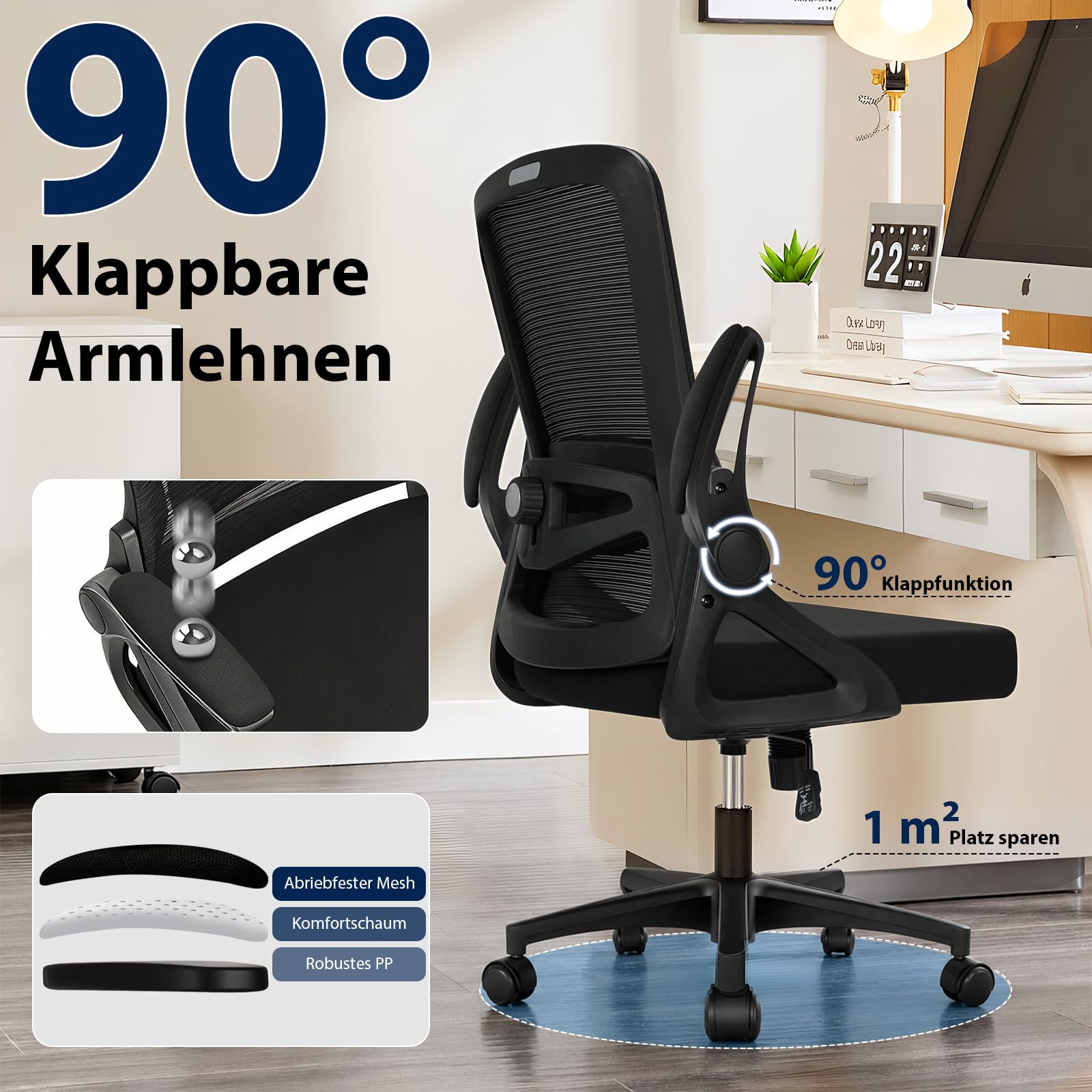 Ergonomischer Bürostuhl, Drehstuhl ohne Kopfstütze, 4D-Lendenstütze, Kappbare Armlehnen, Wippfunktion bis 125°, 90° arretierbar, höhenverstellbarer Schreibtischstuhl, 130 kg, Schwarz