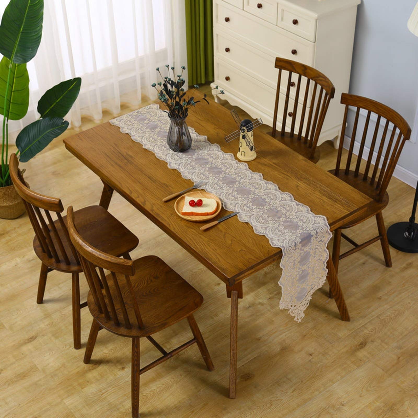 Tischläufer Polyester Wohnzimmer, Tischläufer Hochzeit 30x310 cm, Vintage Khaki Bestickte Spitze