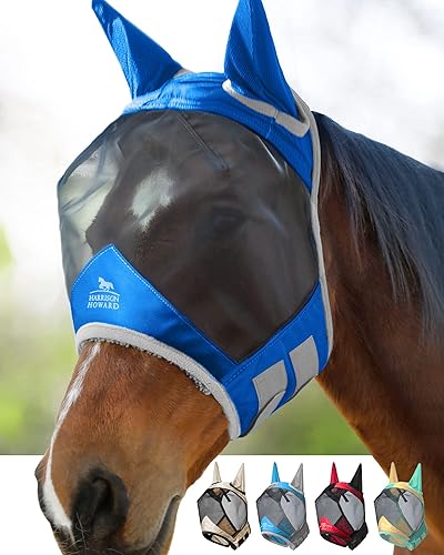 Miniatura 8 de Harrison Howard Máscara de mosca de caballo luminosa profesional estándar con orejas, protección UV, para caballos, azul y plateado, mazorca mediana
