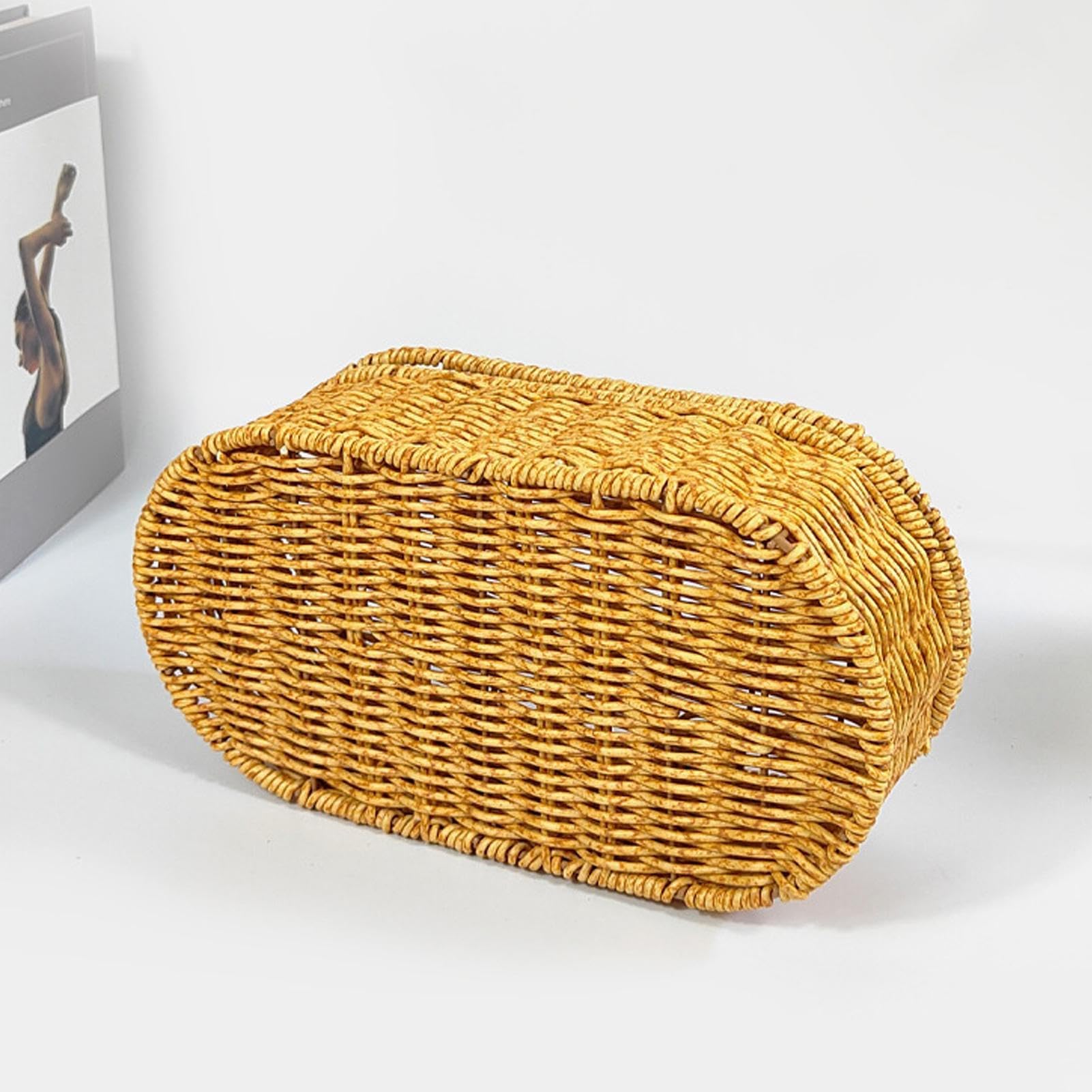 Cesta de almacenamiento de mimbre con tapa, organizador decorativo tejido a mano, diseño a prueba de polvo y ahorro de espacio para baño, dormitorio o cocina, 28 x 14 x 9 cm, cestas ovaladas estrechas
