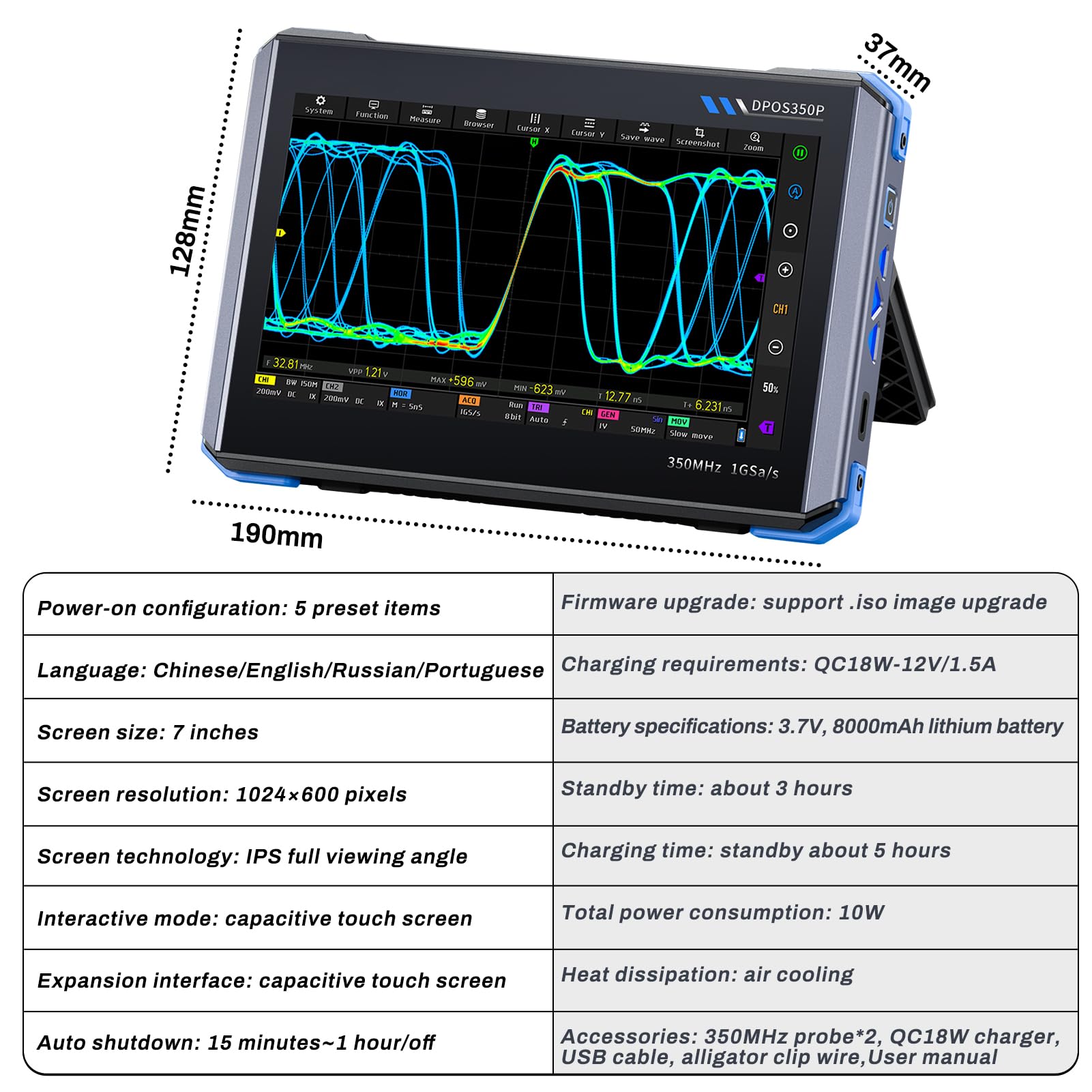 Oscilloscopio DPOS350P, 4 in 1 Oscilloscopio Portatile/Generatore di segnali/Analizzatore di spettro/Analizzatore di risposta in frequenza,Touch screen IPS da 7 pollici