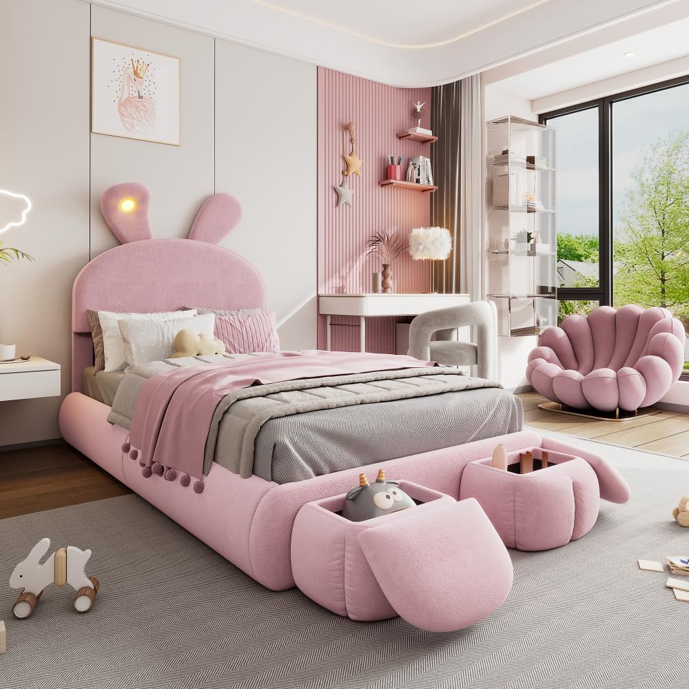 Cama infantil 90 x 200 cm, orejas de conejo brillantes, tiras luminosas cálidas, 2 taburetes de almacenamiento, listones de madera, terciopelo rosa