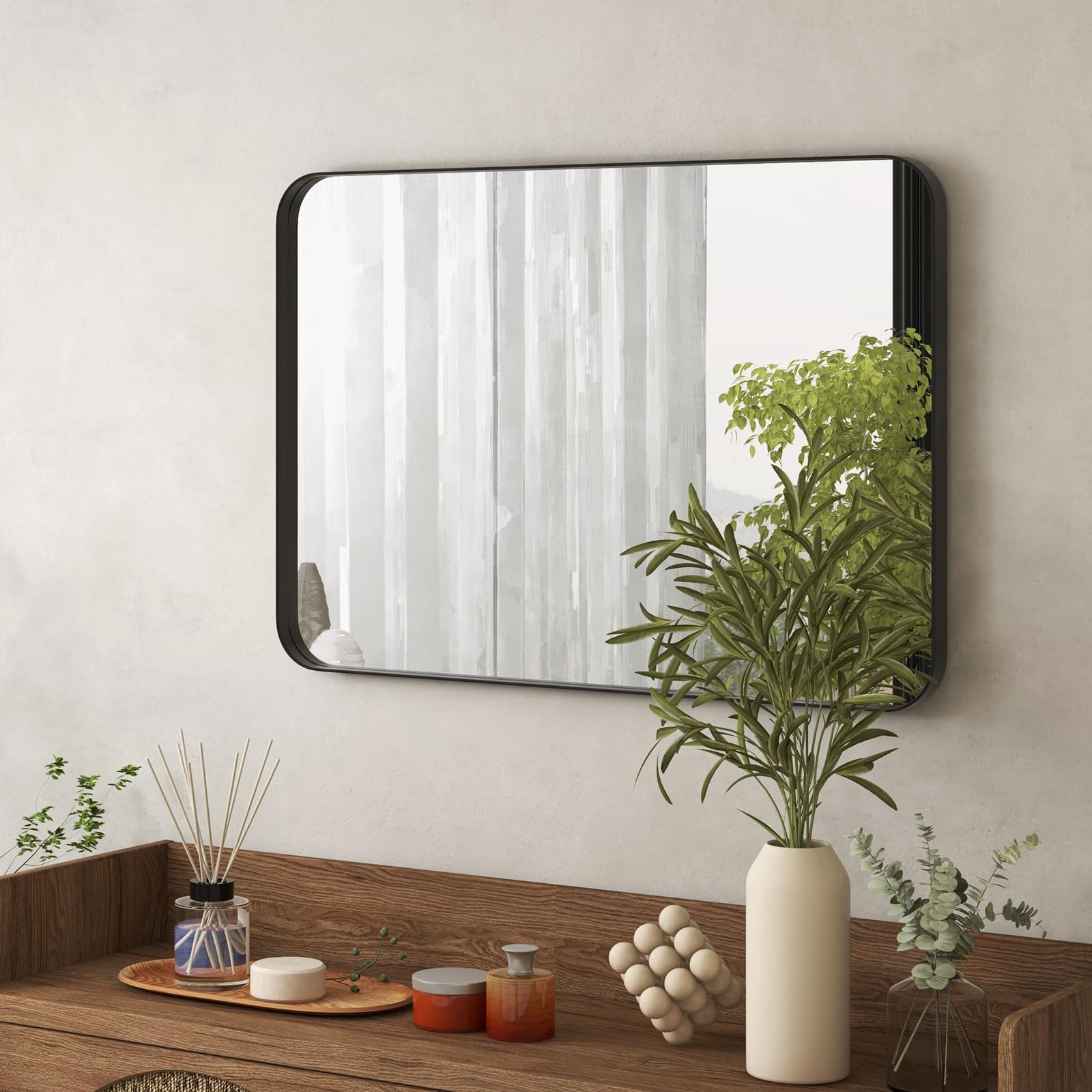 COSTWAY Espejo Baño Pared, 50x80 cm, Espejo Rectangular Colgante, Espejo Moderno Enmarcado en Metal con Esquinas Redondeadas, Vestidor/Lavadero/Entrada, Negro