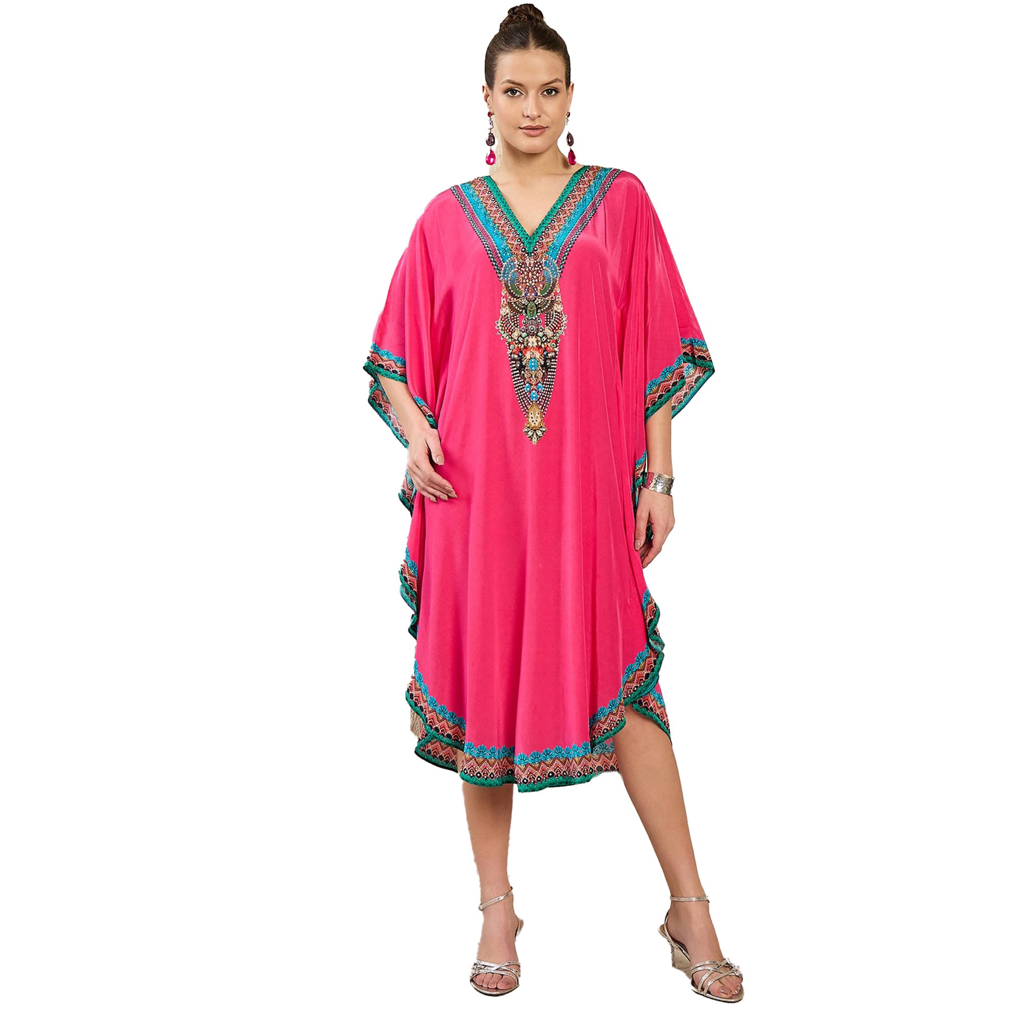 Pink Embellished Mid Length Tunic in Viscose Crepe for Women by Ramola Bachchan-image-43