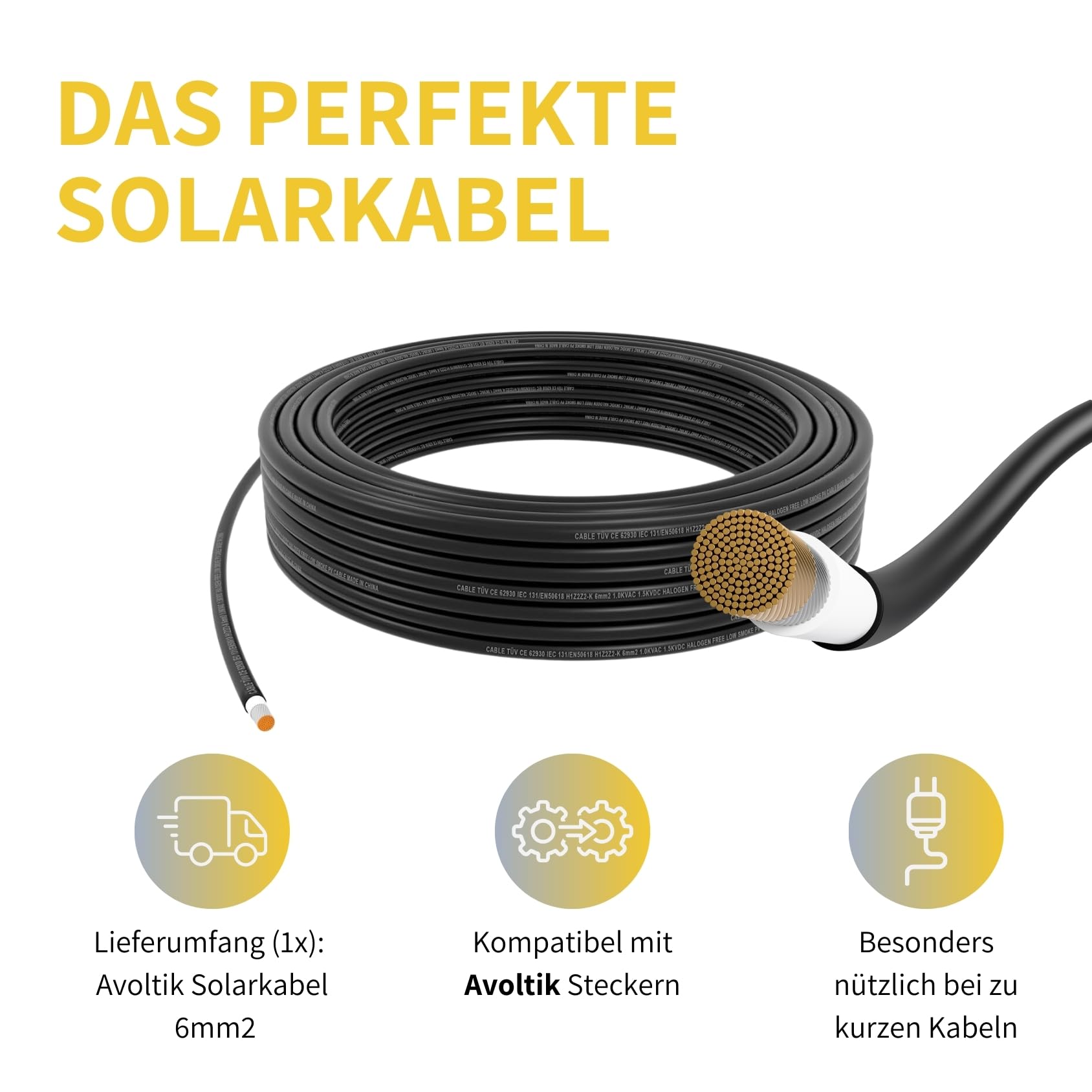 Avoltik Solarkabel 6mm2 50m TÜV-zertifizierte Solarleitung Photovoltaik 1500V H1Z2Z2-K wetterfest halogenfrei doppelt isoliert