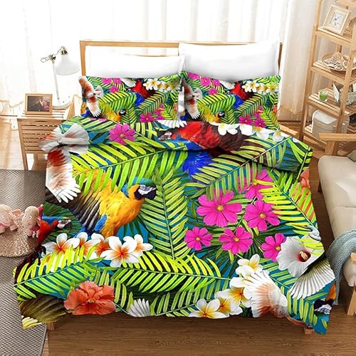 Jingzhang Leaves Duvet Cover Sets 3Pcs Tropical Green Leaves Bedding Sets With Zipper Colorful Parrot Leaves Duvet Sets Gorgeous Exotic Style Quilt Cover With 2 Pillow Shams,Queen Size #TOP17