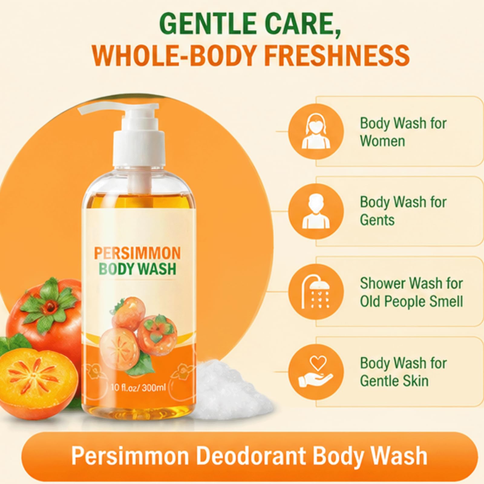 Persimmon Body Wash dla osób starszych Zapach - Neutralizator zapachów o dojrzałym zapachu, Delikatny płyn pod prysznic do skóry, Dezodoryzujący środek czyszczący dla kobiet i mężczyzn, (5 szt)