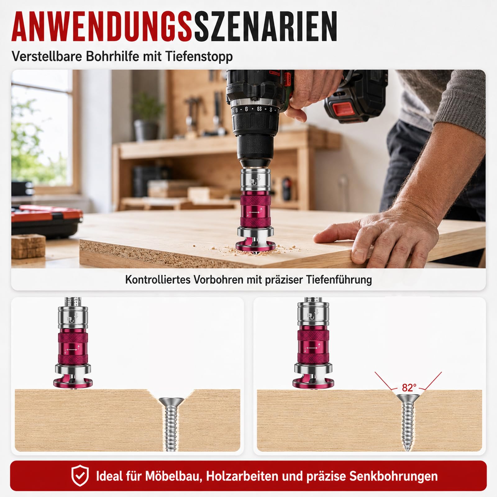 Juego de 6 Broca Avellanadora Madera con tope de profundidad ajustable, Brocas Avellanadores con Vástago Hexagonal de 1/4", Perfecto para Proyectos de Madera, Plástico y Carpintería