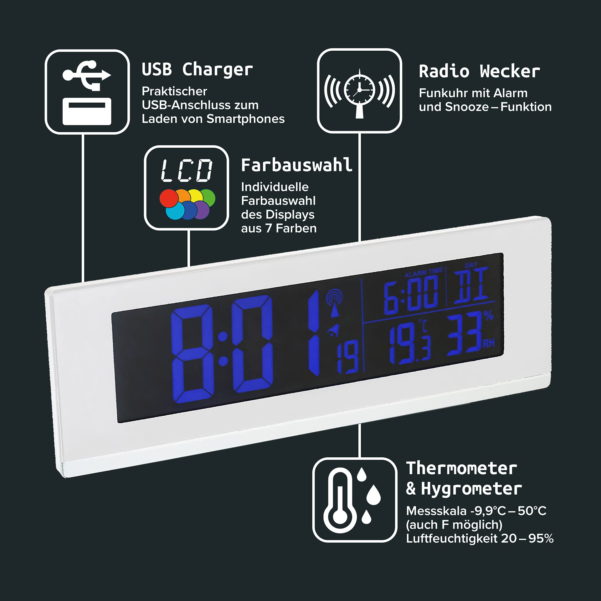 Fackelmann digitaler Wecker mit Thermometer und Hygrometer Funktion Tecno, Elegante Funkuhr mit farbigem Display & USB-Anschluss für das Handy