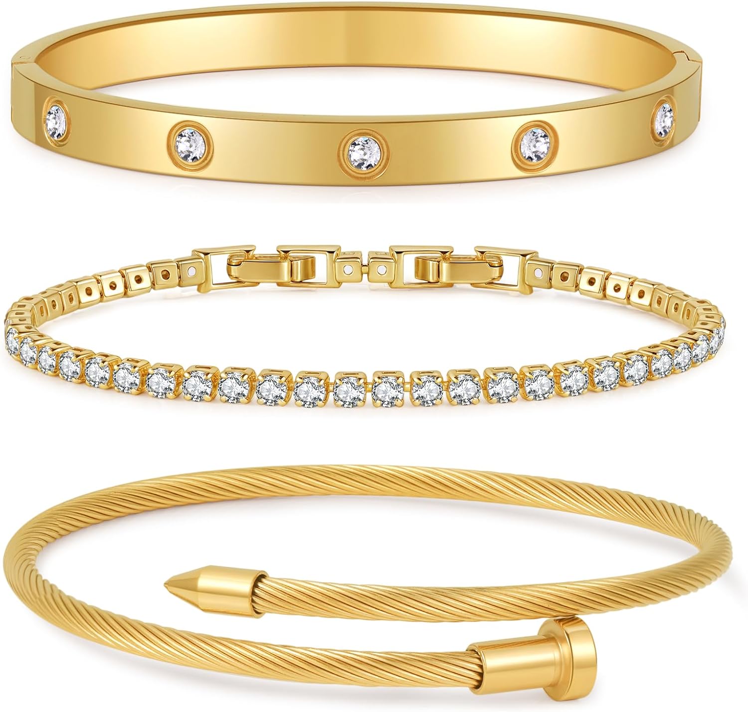 Shengkeao Gold Plated Bangle Bracelets for Women Stackable 18K Gold Plated Stainless Steel Love Bracelet Set Nail Cuff Bangle Set for Love Jewelry Adjustable Tennis Bracelet Non Tarnish Gift Jewelry