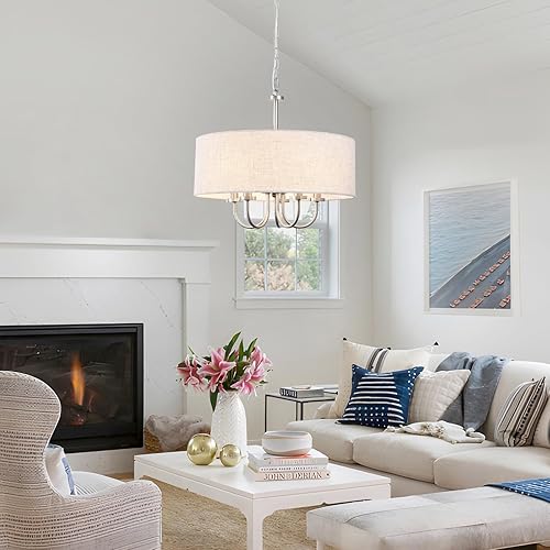 Miniatura 3 de Candelabros de tambor de 5 luces de 19 pulgadas para comedor, lámpara de níquel cepillado, moderna pantalla de lino, lámpara colgante para sala de
