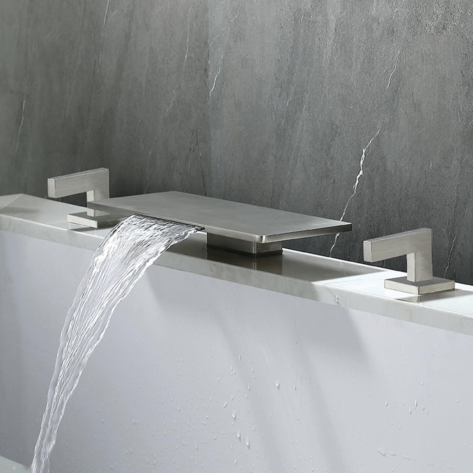 Grifos De Cascada para Lavabo De Baño, Mezcladores Ultrafinos De 3 Orificios, Grifo De Latón De Doble Manija, Cepillado(Brushed)