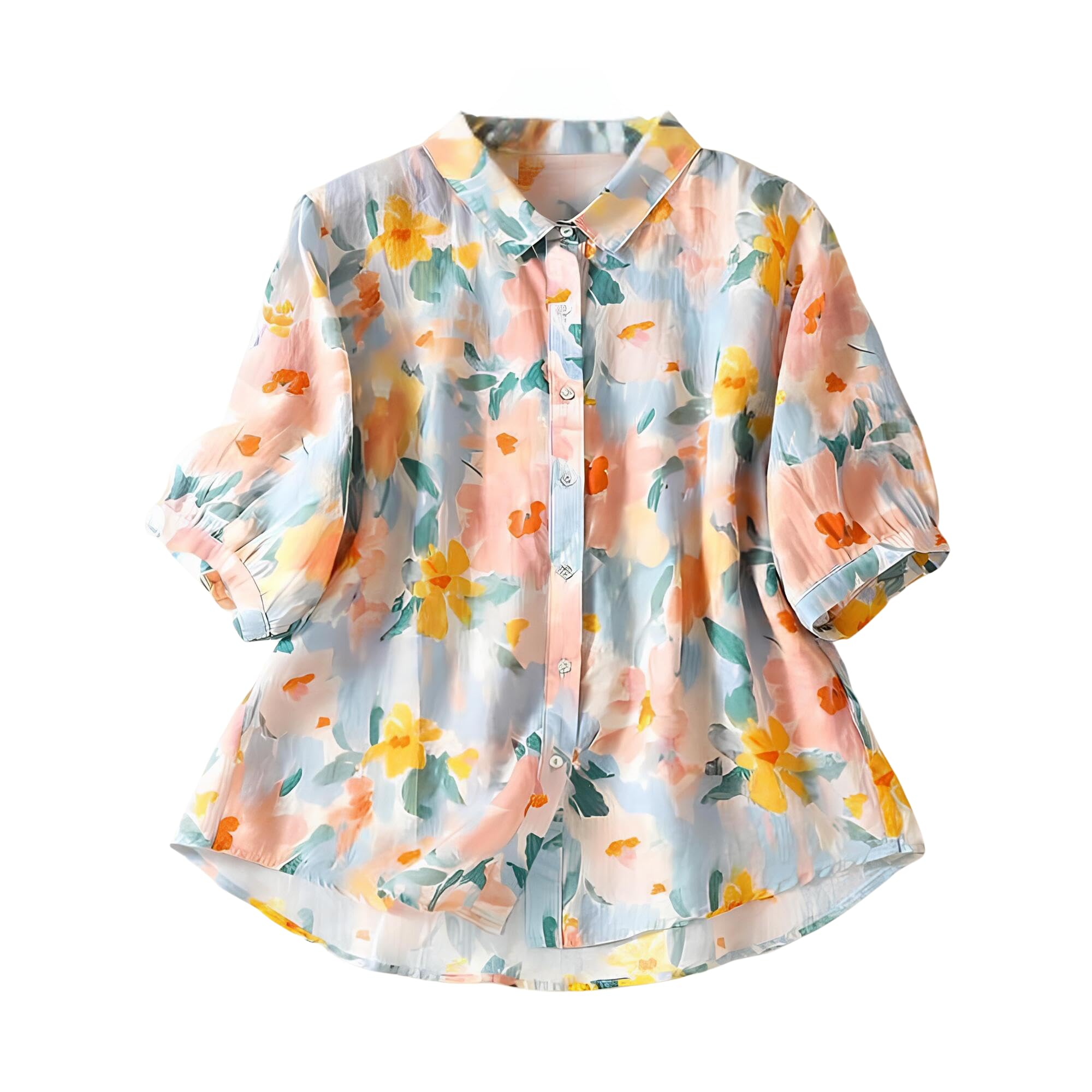 Women Mustard Multicolor Floral Print Button-Down Shirt with Elbow Sleeves and Collar Neck in Soft Breathable Fabric Ideal for Casual wear and Relaxed Styling