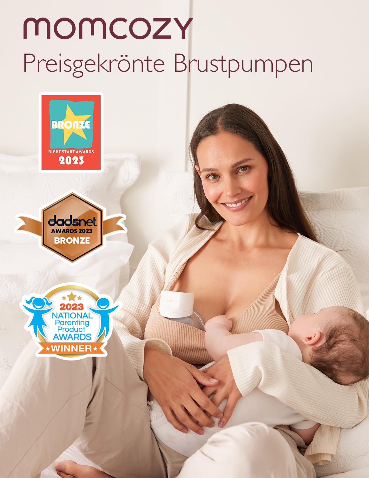 Momcozy Hands-Free Milchpumpe S12 Pro, Elektrisch Tragbar Brustpumpe, mit weichem DoubleFit-Flansch, 3 Modi | 9 Stufen, Smart-Display, 24 mm, 2 Stück, Weiß