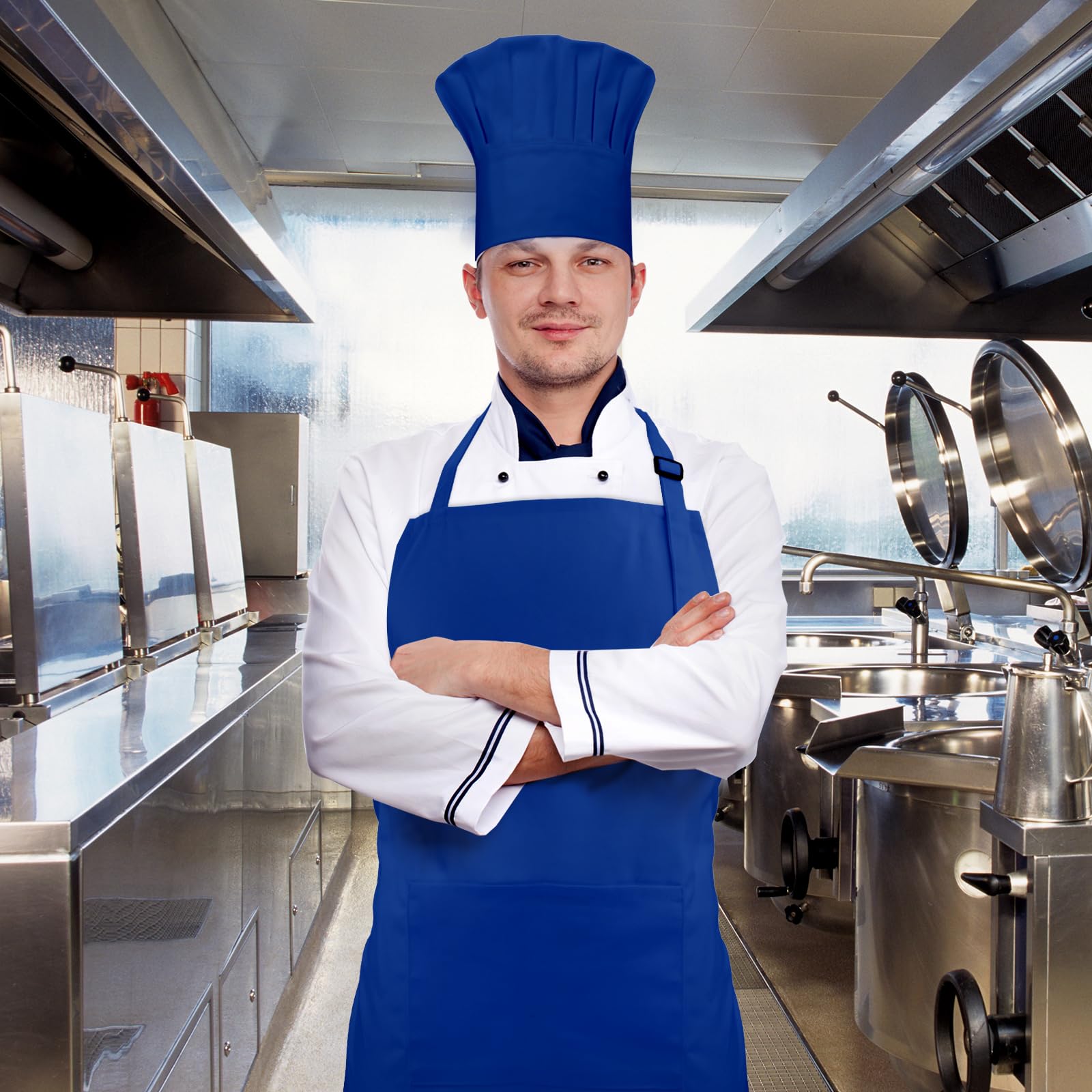 Juego de delantal y sombrero de chef, 2 bolsillos ajustables de algodón, delantal de cocina, disfraz de panadero para hombres y mujeres