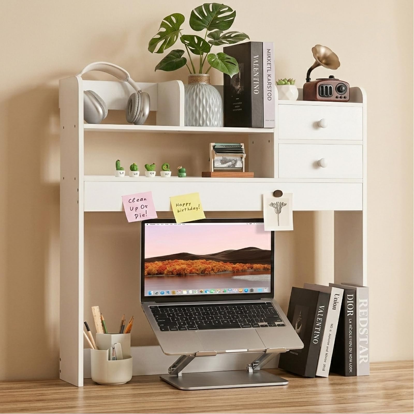 YGYQZ 2 Tier Desktop Bookshelf, Countertop Storage Hutch for Computer Desk, Desk Organizer Shelf with Vertical Storage, Multi-Functional Wood Desk