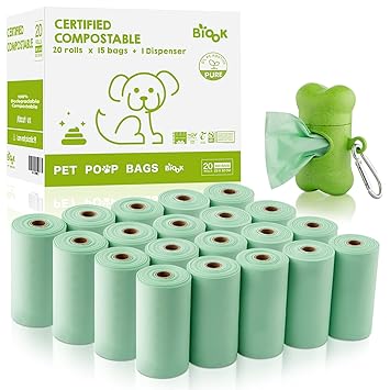 BIOOK 100% Biodegradable Dog Poop Bag with 1 Free Dispenser, Based on Corn Starch+PLA+PBAT Compostable Dog Waste Bags, Eco-Friendly, BPI ASTM D6400 & EN13432 OK Compost Home Certification, Unscented