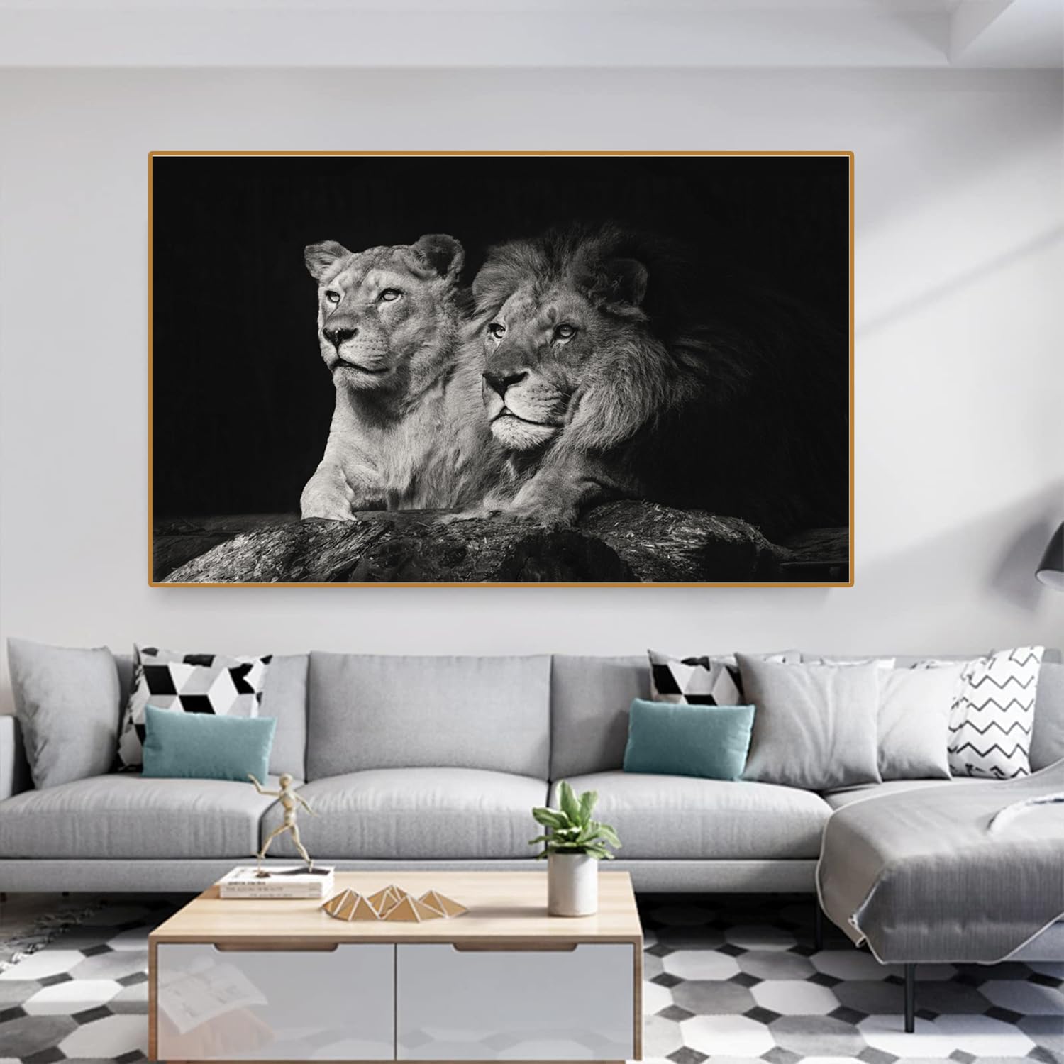 UGZDEA Fotos de lienzo de león, blanco y negro León y Leona póster, sala de estar moderna, dormitorio, decoración del hogar, sin marco(C,60x120cm)