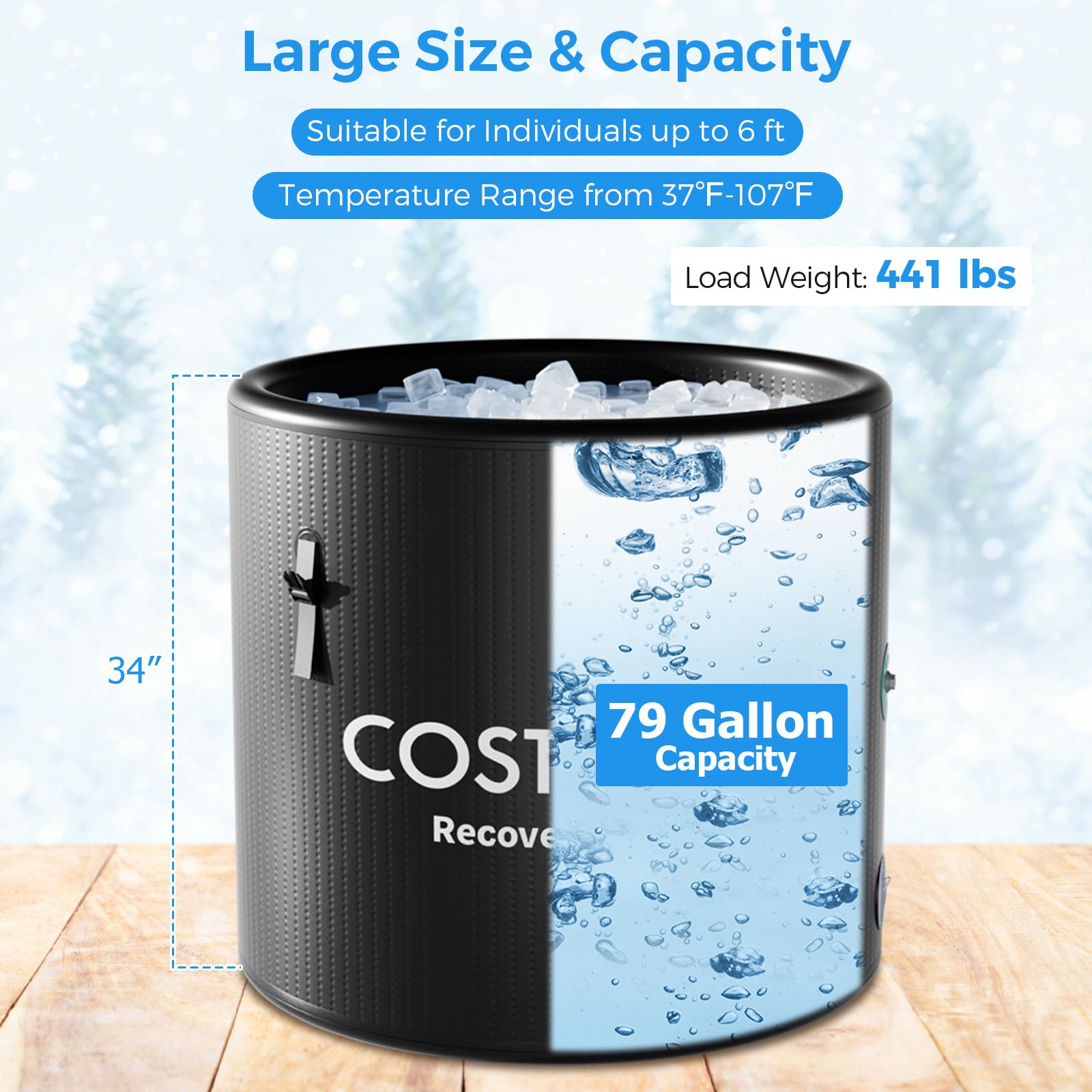 COSTWAY Large Portable Ice Bath Tub, 79 Gal Cold Plunge Tub w/Insulated Lid, Thermometer, Compatible with Water Chiller, Inflatable Multiple Layered Ice Bath Plunge for Athletes, Indoor & Outdoor Use