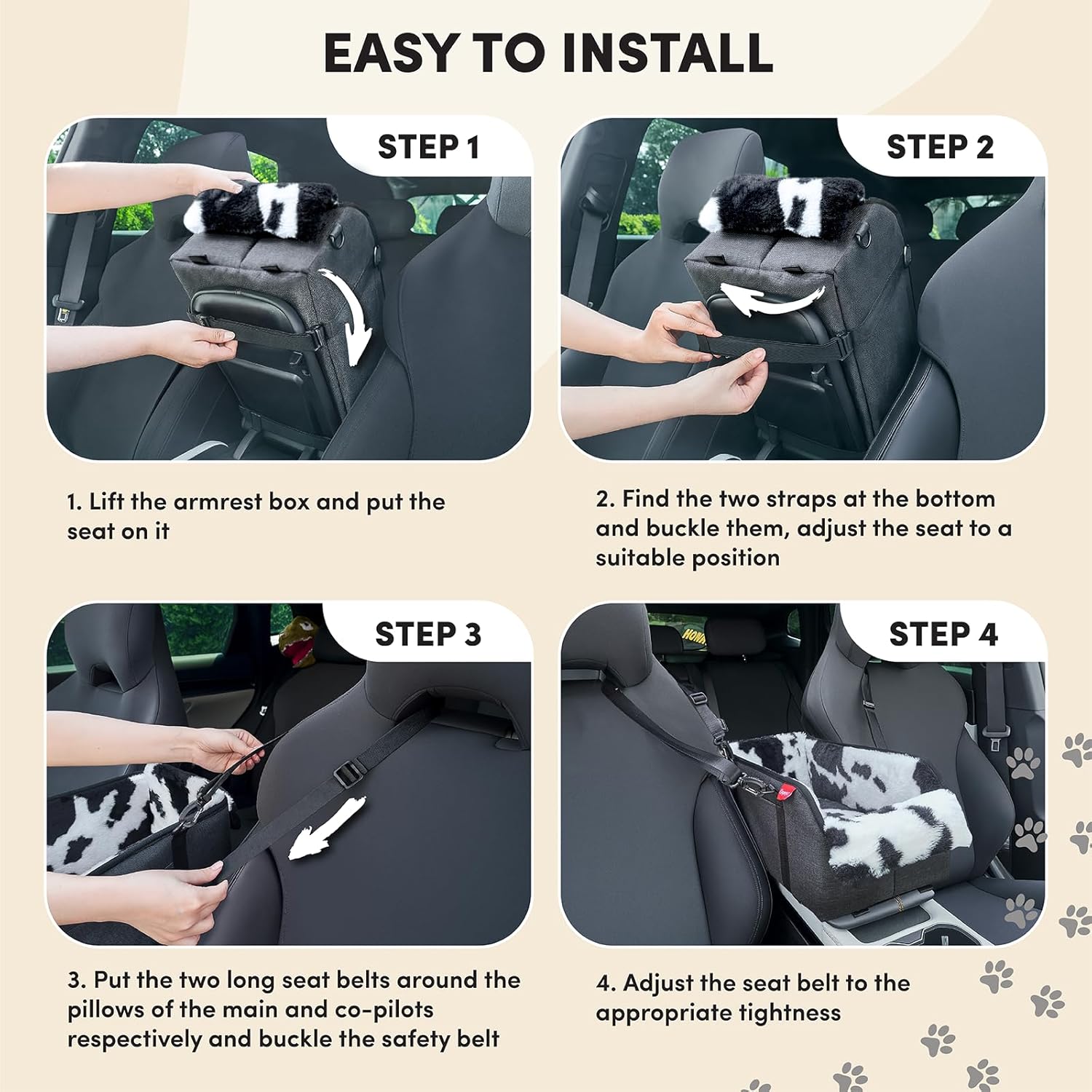 BurgeonNest Center Console Small Dog Car Seat - Portable Pet Cat Puppy Booster Armrest Carseat Up to 11lbs, Anti-Collapse Comfort Car Travel with Washable Fluffy Cushion and Pillow, Milk Cow