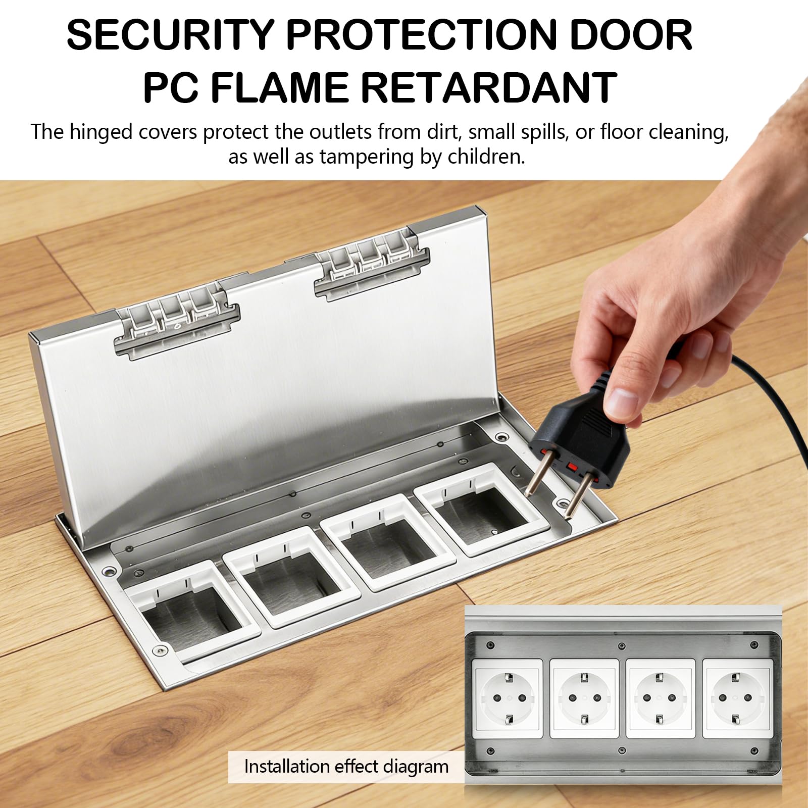 Enchufe de Suelo para Depósito de Suelo de Acero Inoxidable, 4000W/16A Caja de Enchufes Empotrable en el Suelo Impermeable, Insertos Opcionales para Equipar, 4 Compartimentos, 250 * 130mm