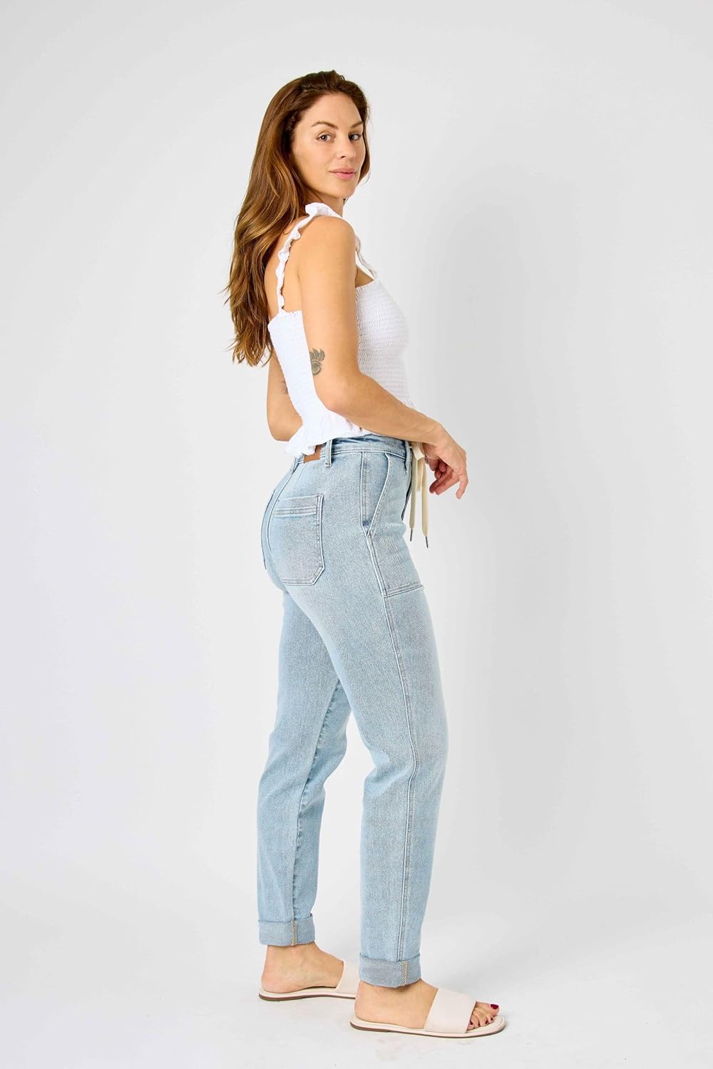Judy Blue Women's High Waist Light Blue Wash Denim Joggers - Double Cuff with Drawstring, Comfort Stretch 88691-
