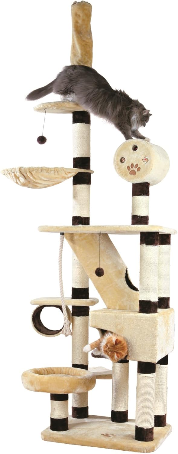 TRIXIE Belorado Cat Tree, Cat Scratching Post with Cozy Hammock, Tunnel, Dangling Pom-Poms, Condo, Cozy Bed, Adjustable Floor to Ceiling