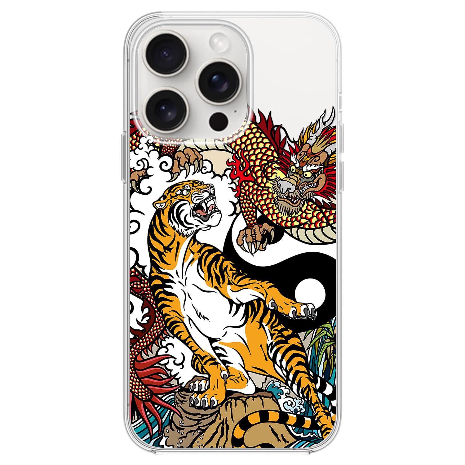 Blingy's for iPhone 15 Pro Max Case, Graphic Tiger Pattern Dragon Style Fun Tattoo Art Animal Design Transparent Soft TPU Protective Clear Case 6.7 inch (Tiger&Dragon)