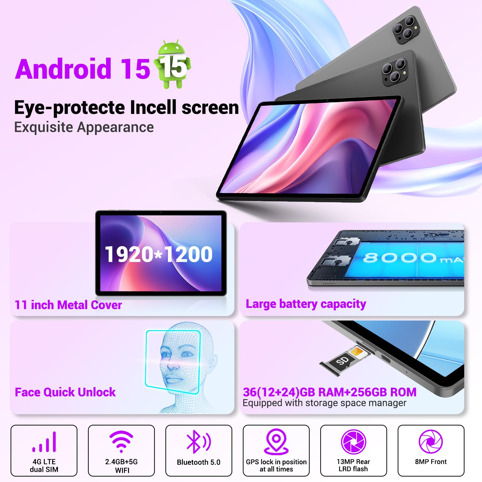 BEYNIVAN Tablet 11 Pollici Android 15 Tablet in Offerta con 4G LTE/5G WiFi, 36GB RAM+256GB ROM,9580mAh,Foto AI 16MP+8MP,Face ID/GPS/BT 5.0/TÜV,tablets con Tastiera,Grigio