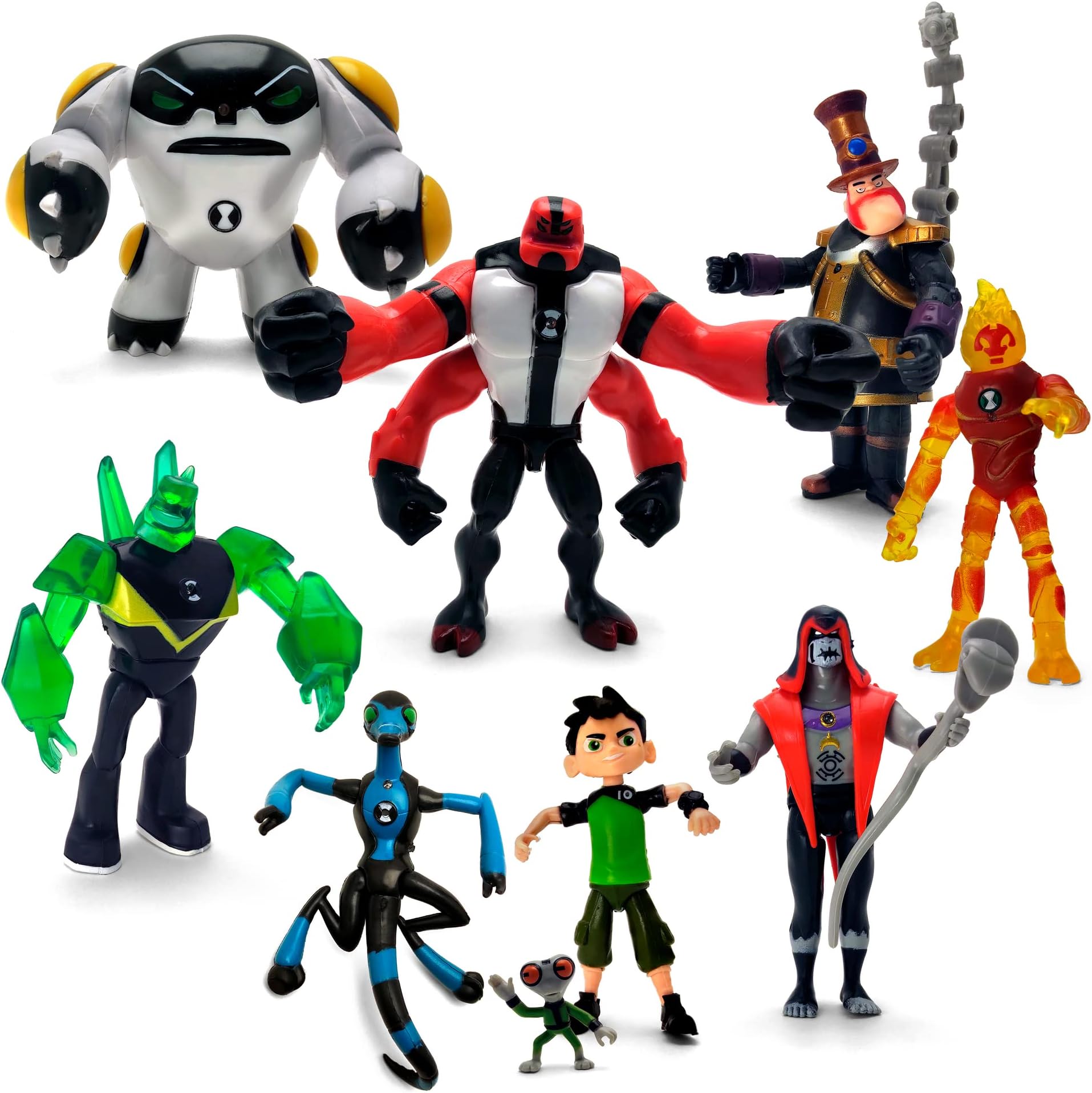 Figures Based on Ben 10 Action Figures - Set of 9 Toys [Ben Tennyson, Four Arms, Grey Matter, Kineceleran, Diamondhead, Hex, Steam Smythe, Cannonbolt, Heatblast]